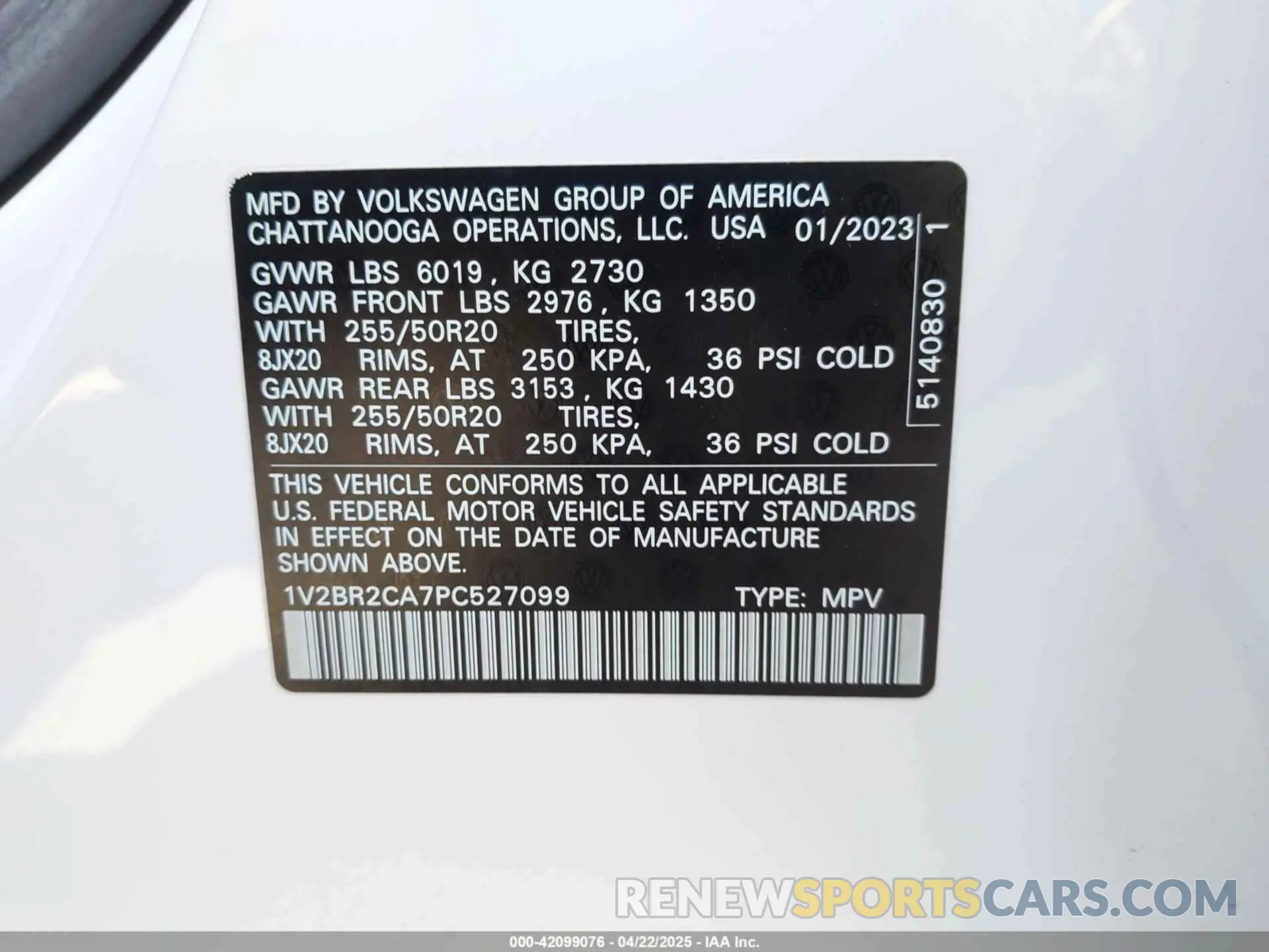 9 fotografías del automóvil dañado 1V2BR2CA7PC527099 VOLKSWAGEN ATLAS 2023