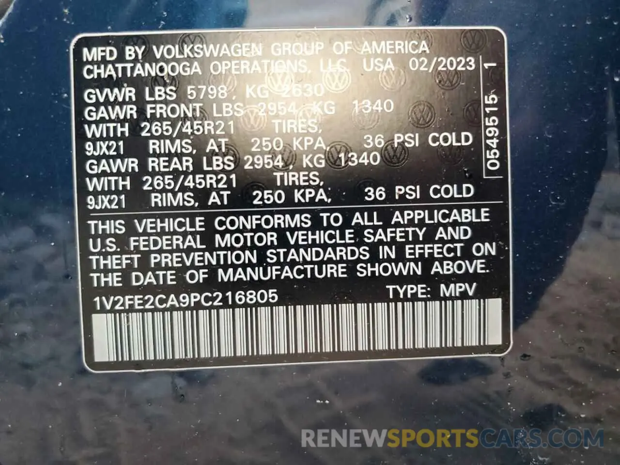 13 fotografías del automóvil dañado 1V2FE2CA9PC216805 VOLKSWAGEN ATLAS 2023