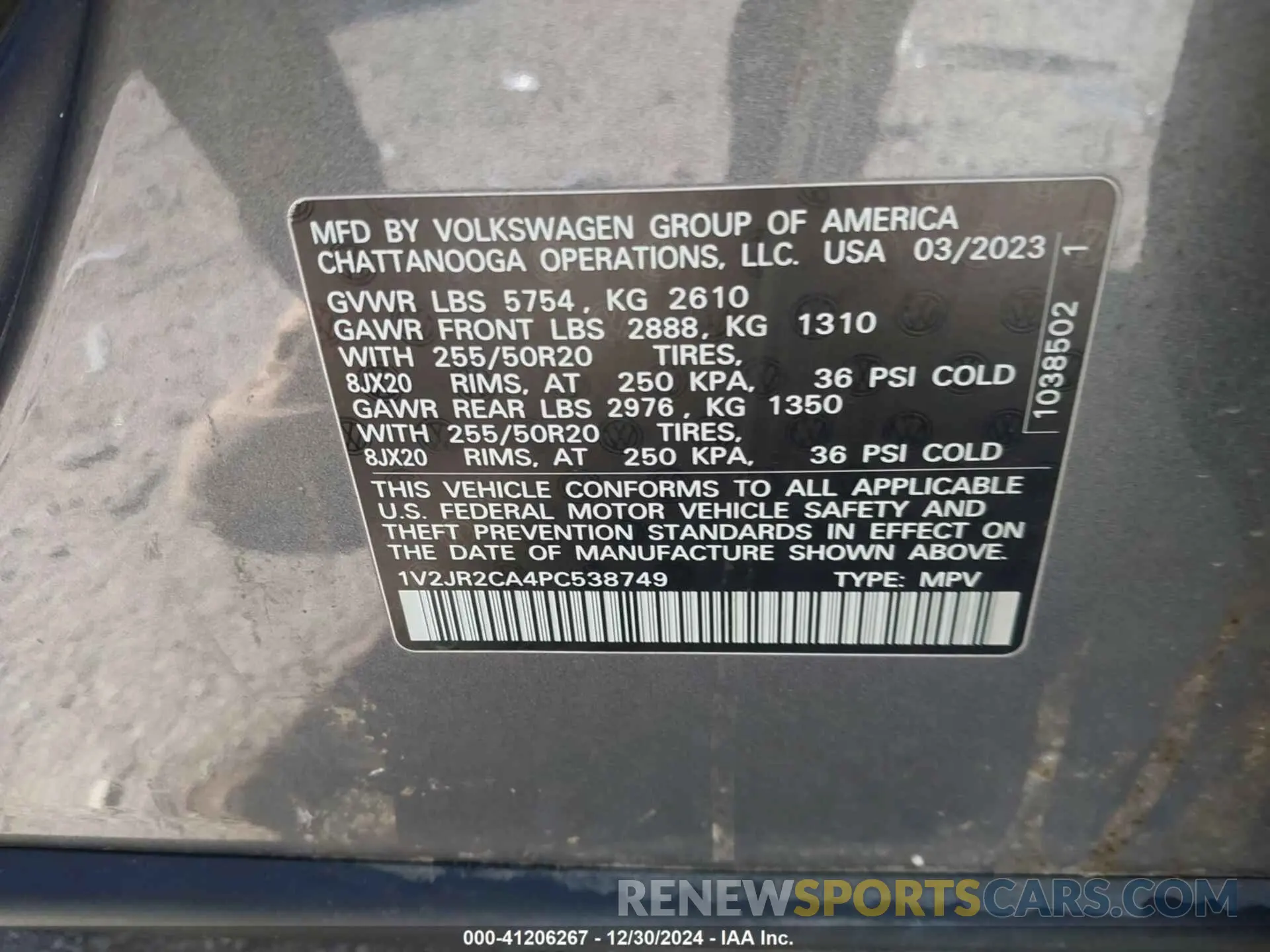 9 fotografías del automóvil dañado 1V2JR2CA4PC538749 VOLKSWAGEN ATLAS 2023