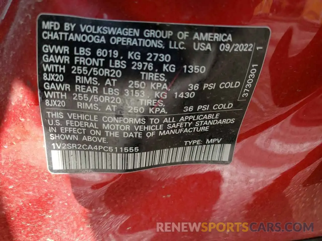 12 fotografías del automóvil dañado 1V2SR2CA4PC511555 VOLKSWAGEN ATLAS 2023
