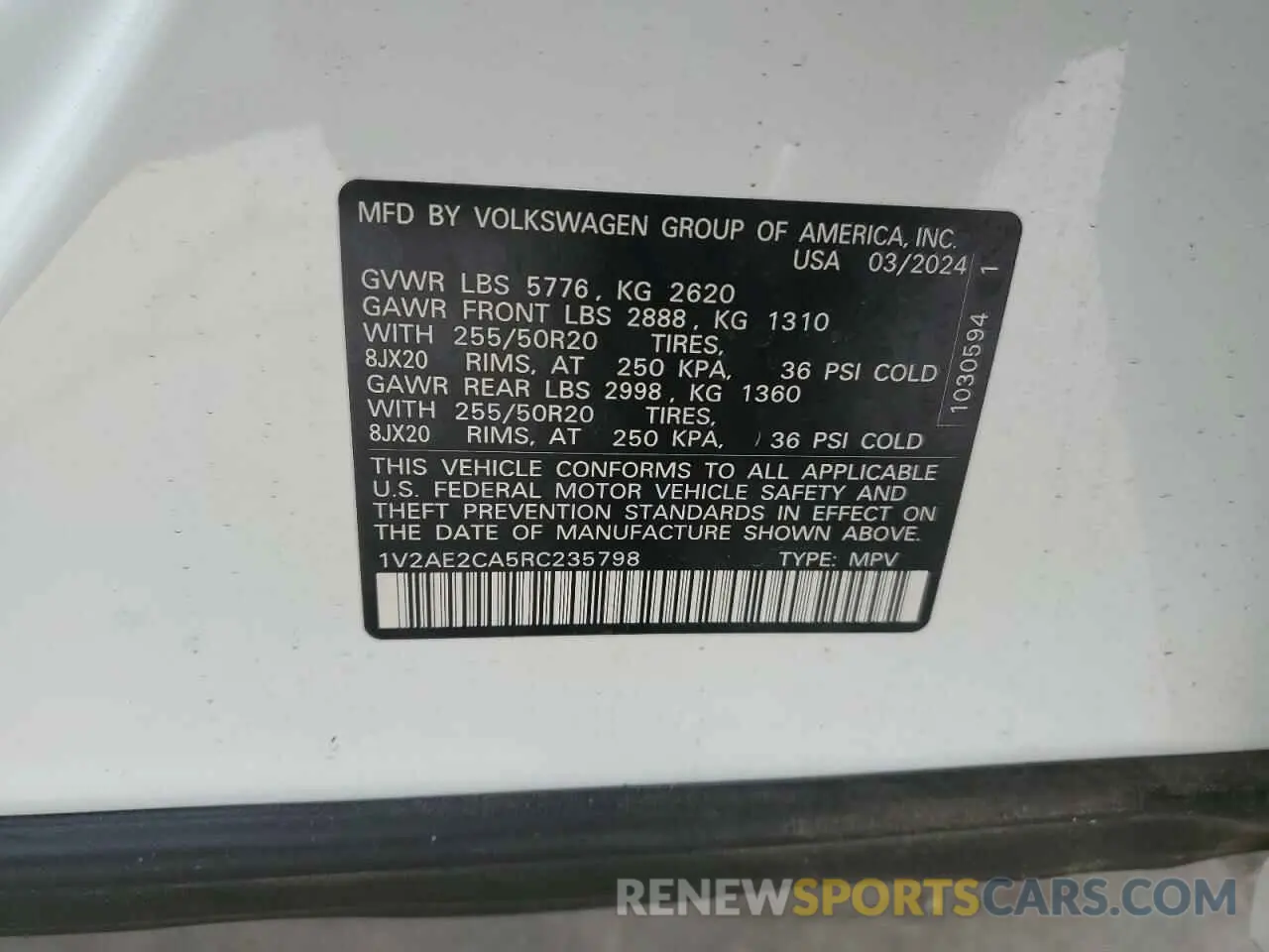 15 fotografías del automóvil dañado 1V2AE2CA5RC235798 VOLKSWAGEN ATLAS 2024