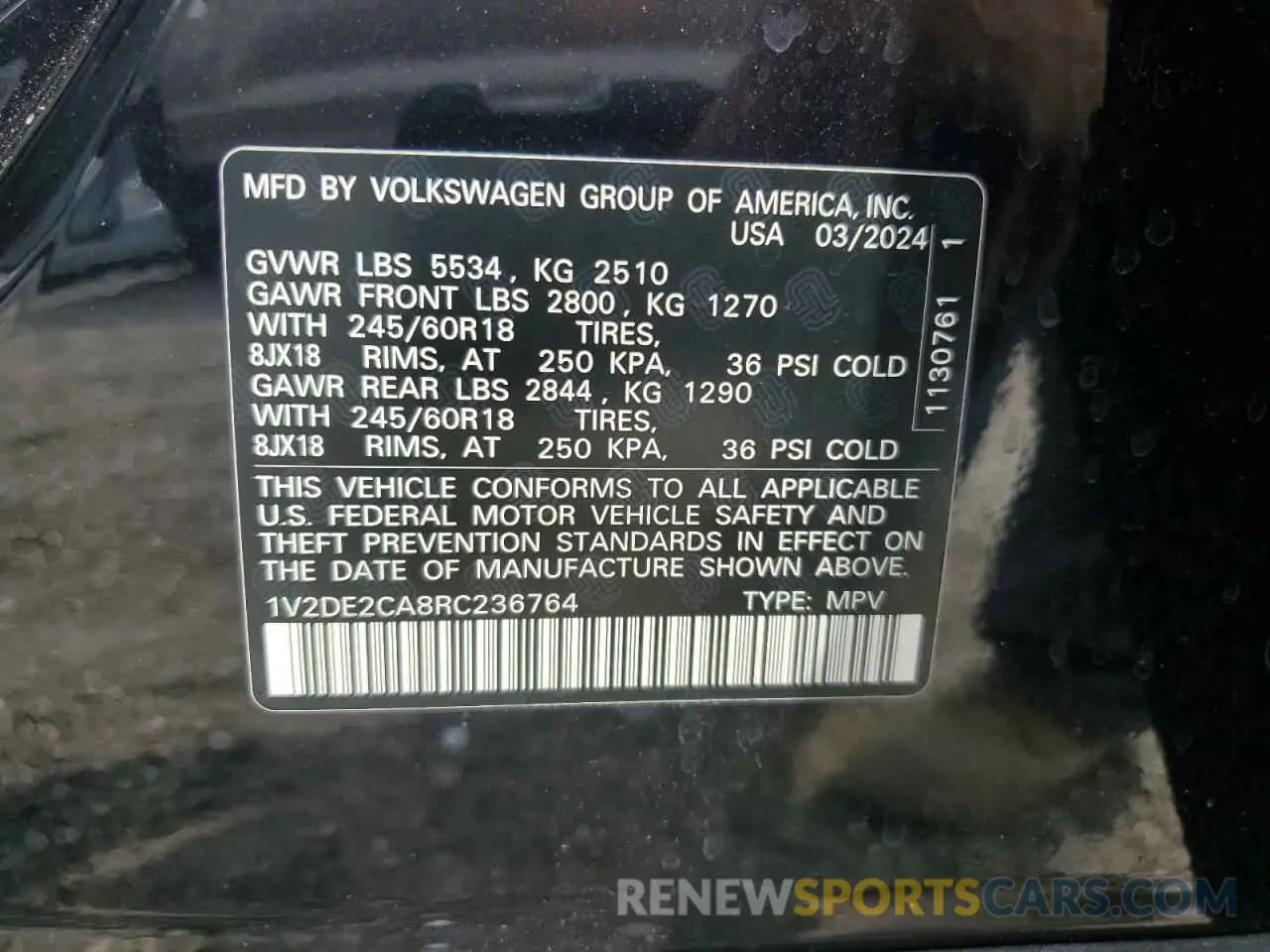 13 fotografías del automóvil dañado 1V2DE2CA8RC236764 VOLKSWAGEN ATLAS 2024