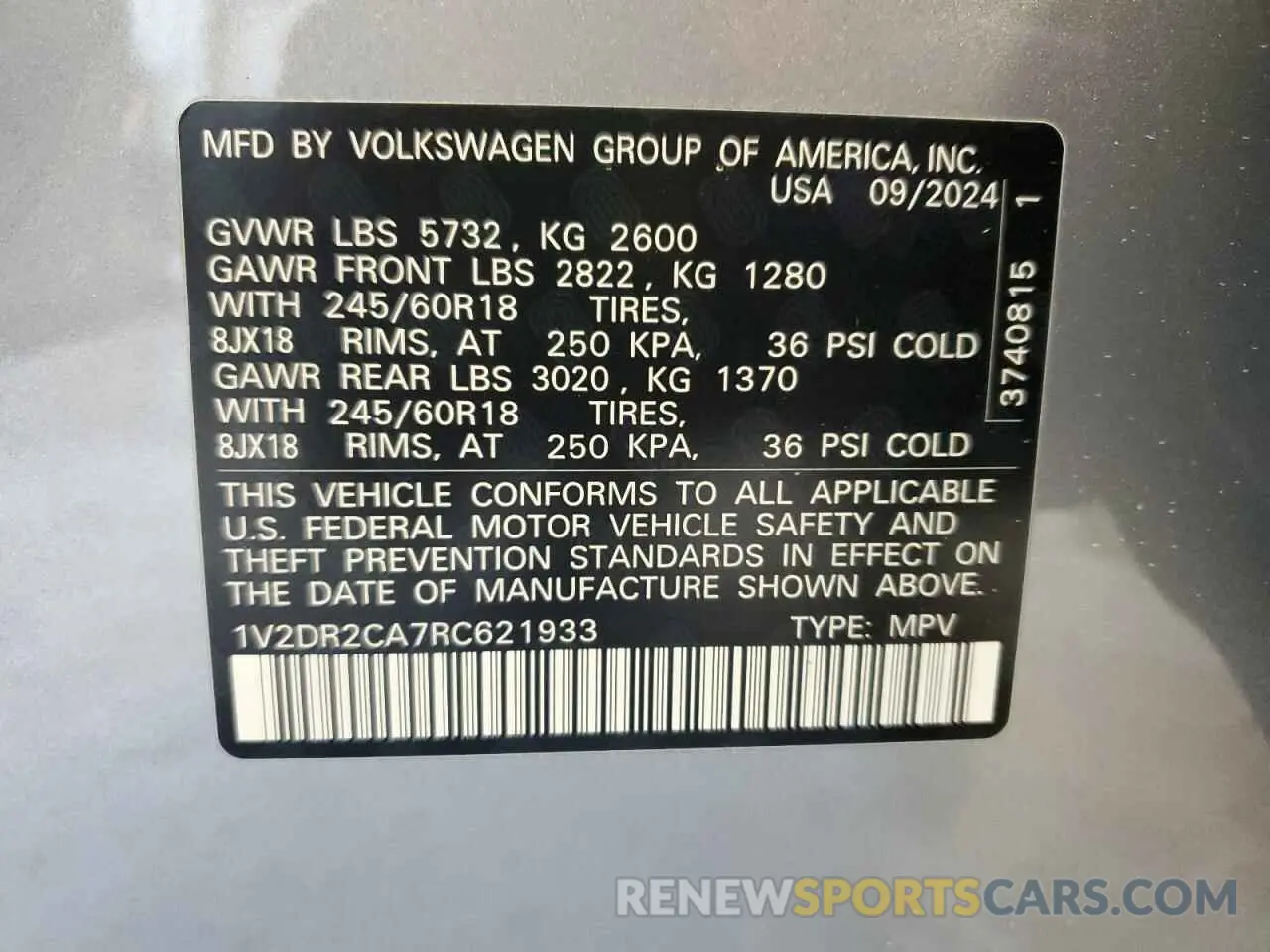13 fotografías del automóvil dañado 1V2DR2CA7RC621933 VOLKSWAGEN ATLAS 2024