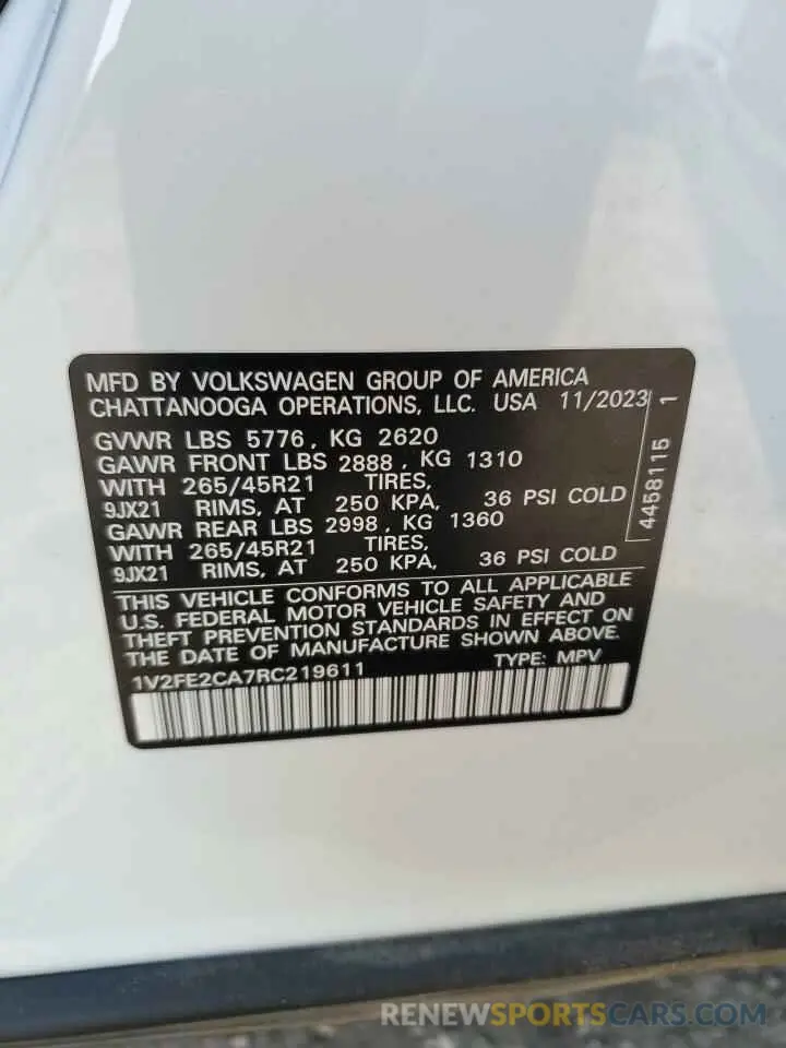 16 fotografías del automóvil dañado 1V2FE2CA7RC219611 VOLKSWAGEN ATLAS 2024