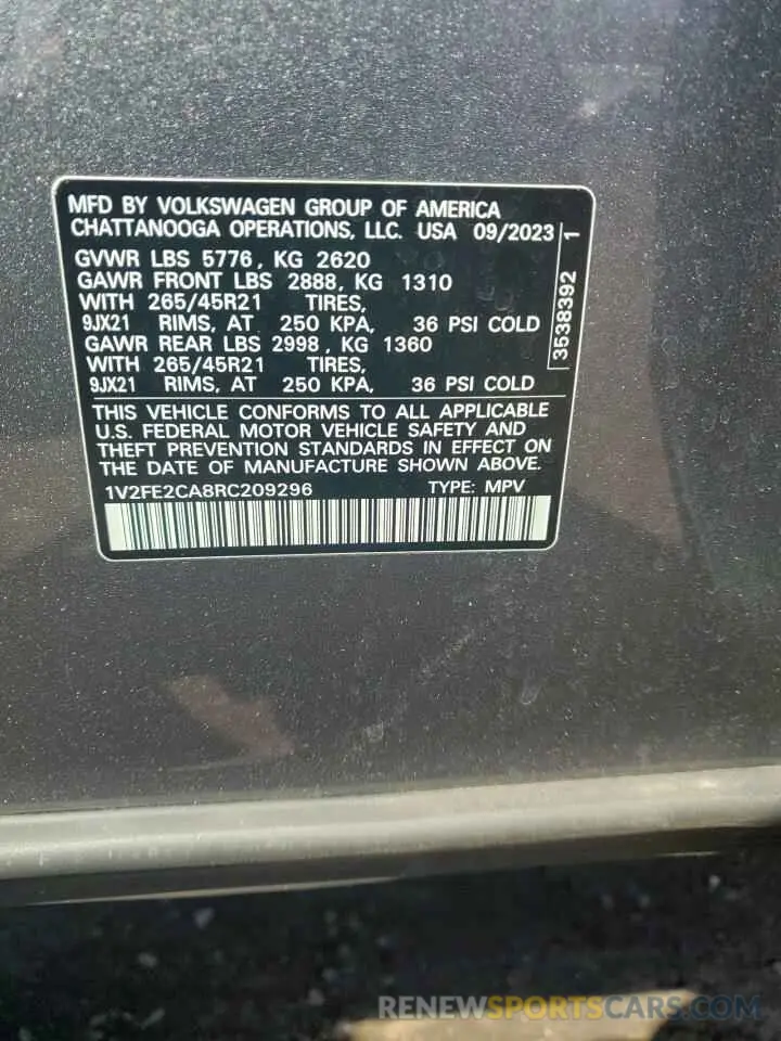 12 fotografías del automóvil dañado 1V2FE2CA8RC209296 VOLKSWAGEN ATLAS 2024