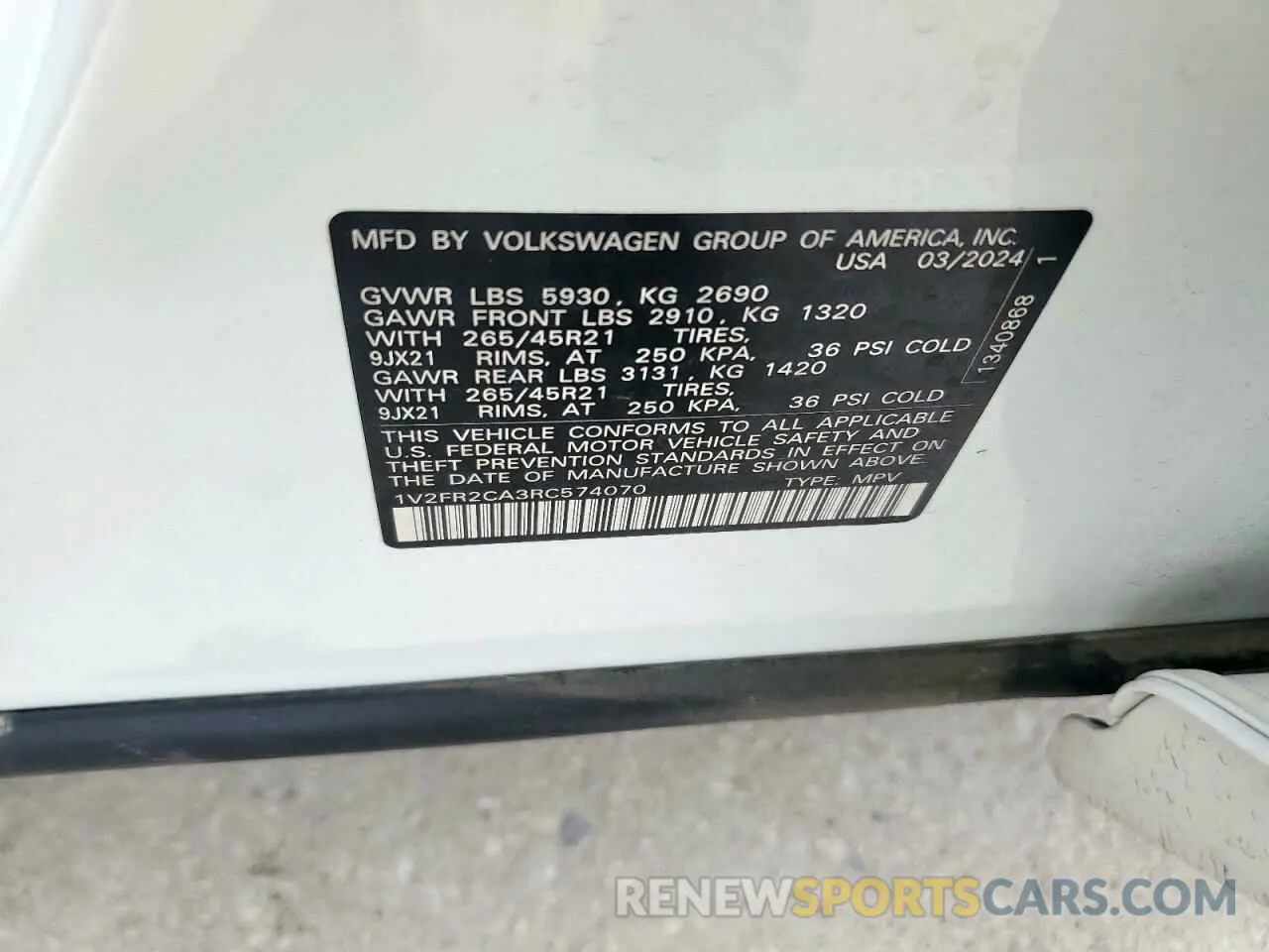 12 fotografías del automóvil dañado 1V2FR2CA3RC574070 VOLKSWAGEN ATLAS 2024