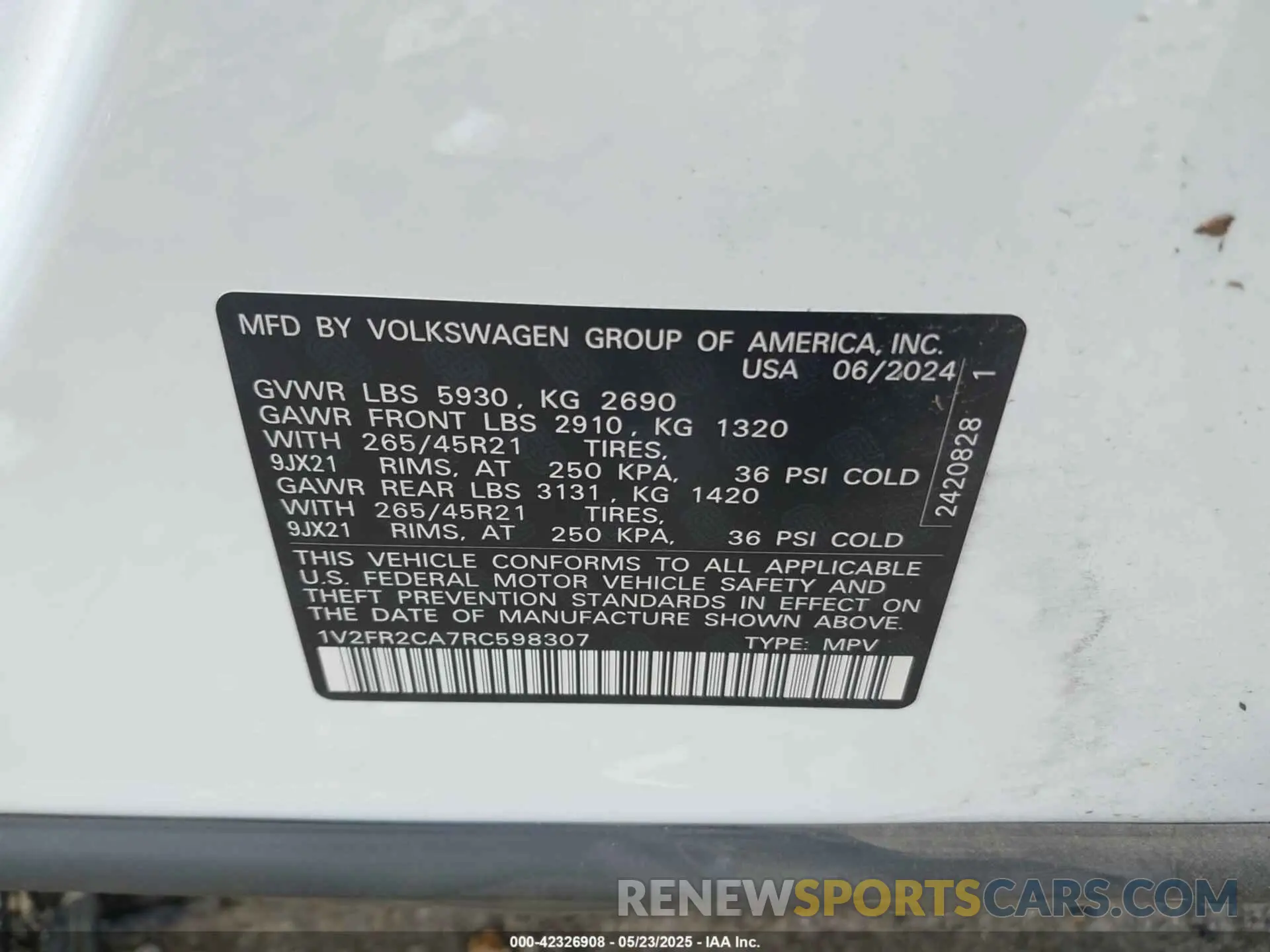 9 fotografías del automóvil dañado 1V2FR2CA7RC598307 VOLKSWAGEN ATLAS 2024