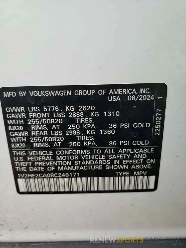 13 fotografías del automóvil dañado 1V2HE2CA0RC249171 VOLKSWAGEN ATLAS 2024