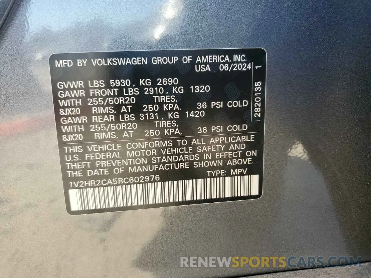 13 fotografías del automóvil dañado 1V2HR2CA5RC602976 VOLKSWAGEN ATLAS 2024