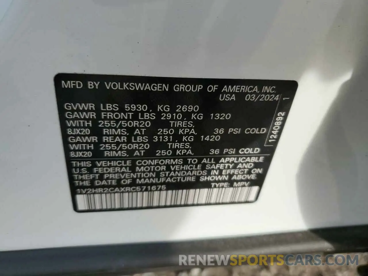 13 fotografías del automóvil dañado 1V2HR2CAXRC571675 VOLKSWAGEN ATLAS 2024
