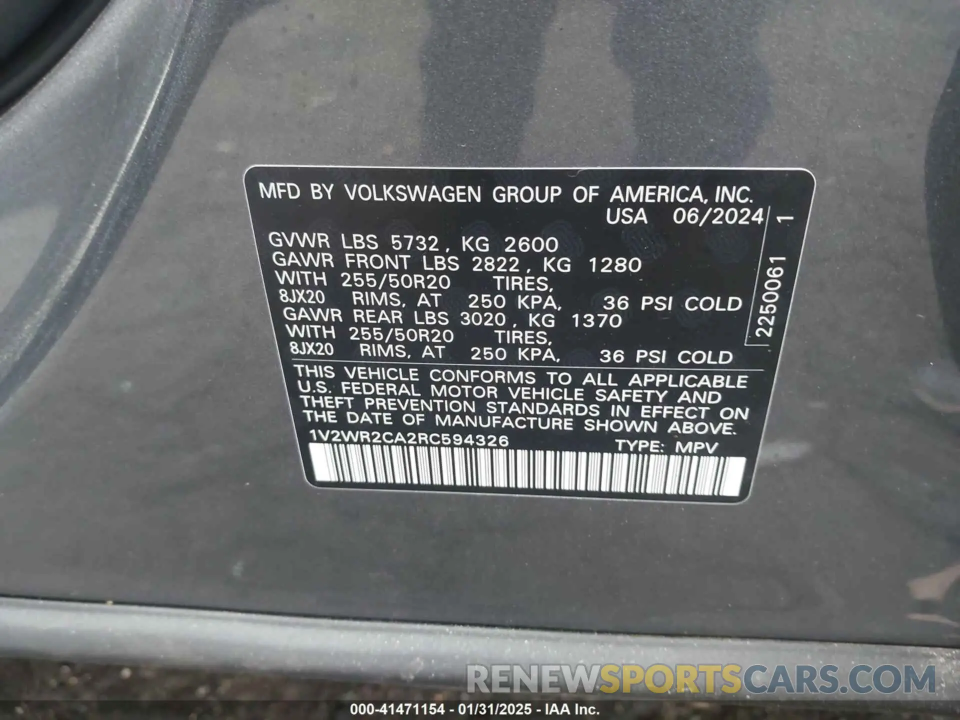 9 fotografías del automóvil dañado 1V2WR2CA2RC594326 VOLKSWAGEN ATLAS 2024