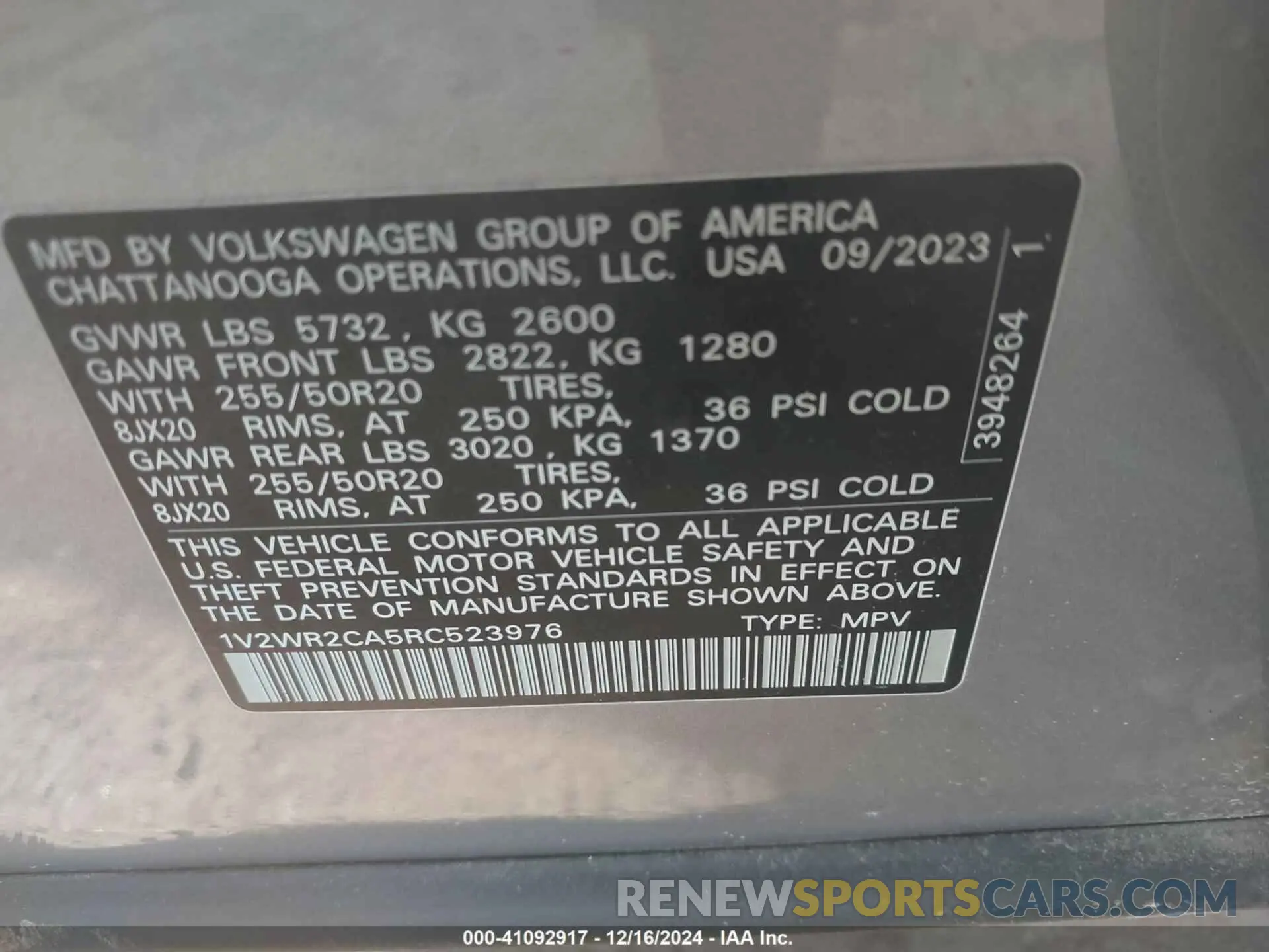 9 fotografías del automóvil dañado 1V2WR2CA5RC523976 VOLKSWAGEN ATLAS 2024