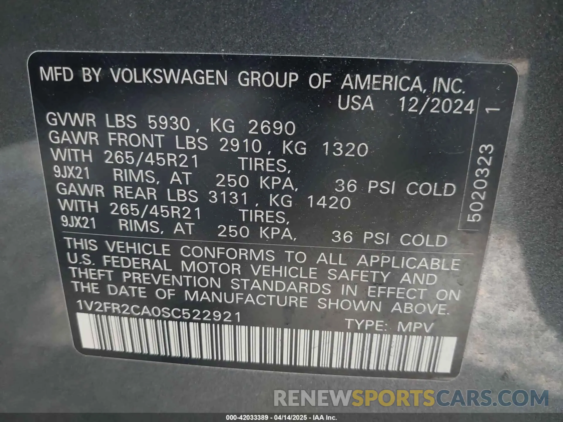 9 fotografías del automóvil dañado 1V2FR2CA0SC522921 VOLKSWAGEN ATLAS 2025
