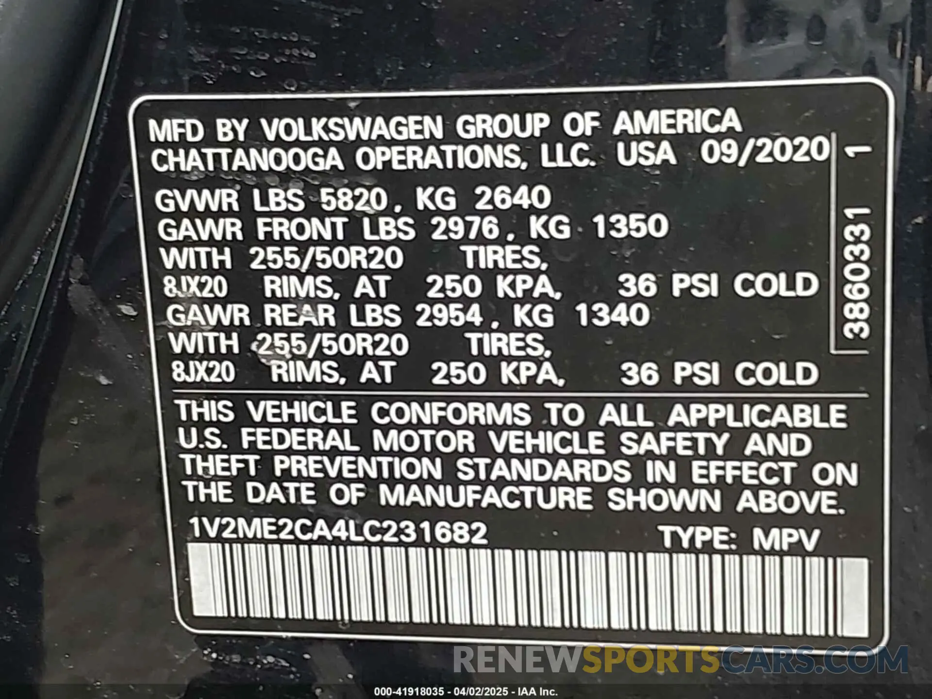 9 fotografías del automóvil dañado 1V2ME2CA4LC231682 VOLKSWAGEN ATLAS CROSS SPORT 2020