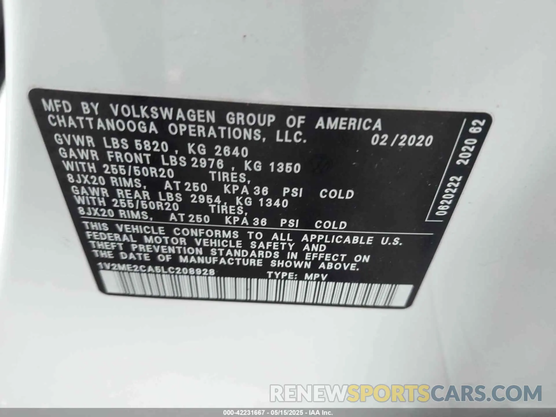9 fotografías del automóvil dañado 1V2ME2CA5LC208928 VOLKSWAGEN ATLAS CROSS SPORT 2020