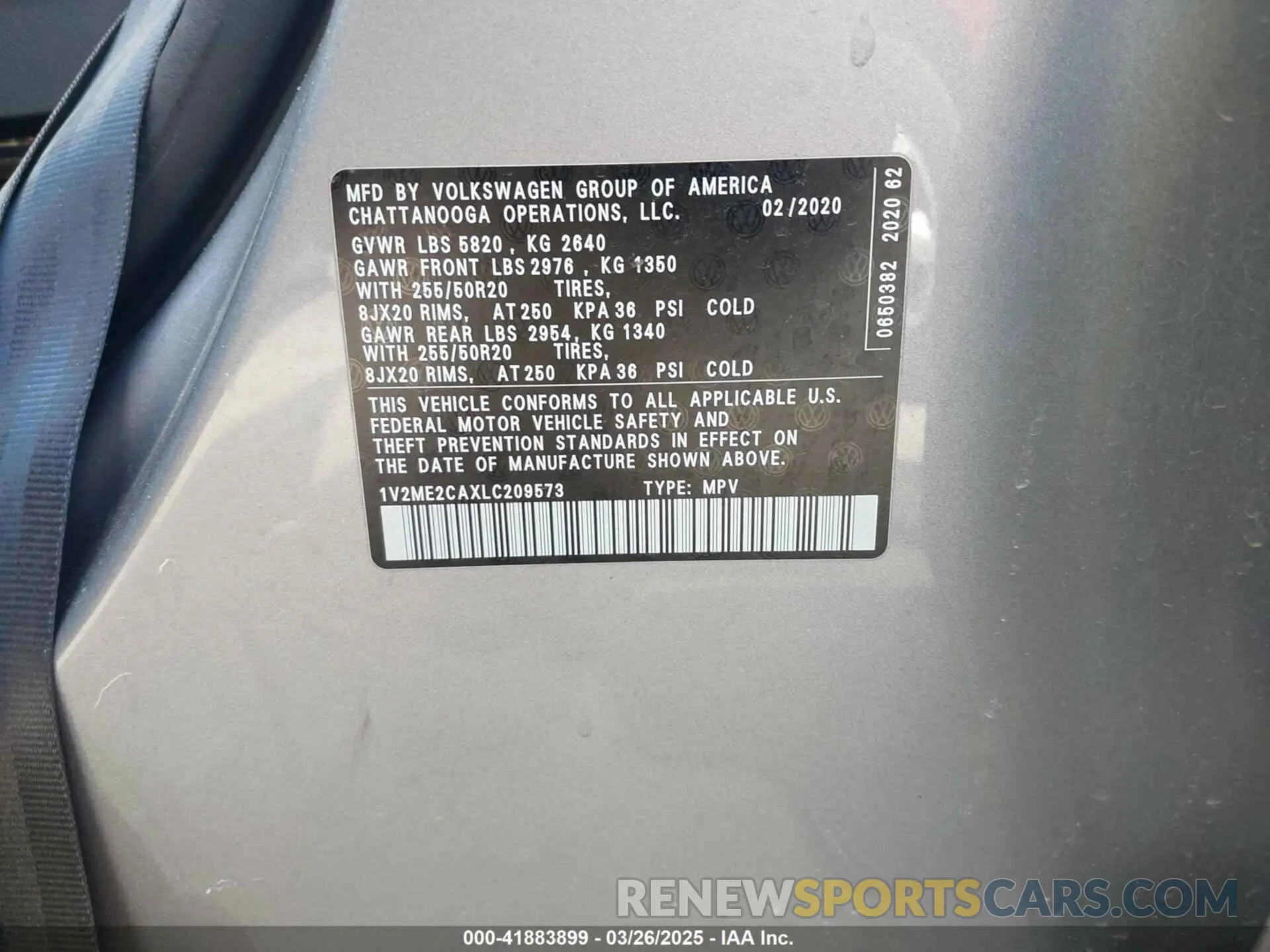 9 fotografías del automóvil dañado 1V2ME2CAXLC209573 VOLKSWAGEN ATLAS CROSS SPORT 2020