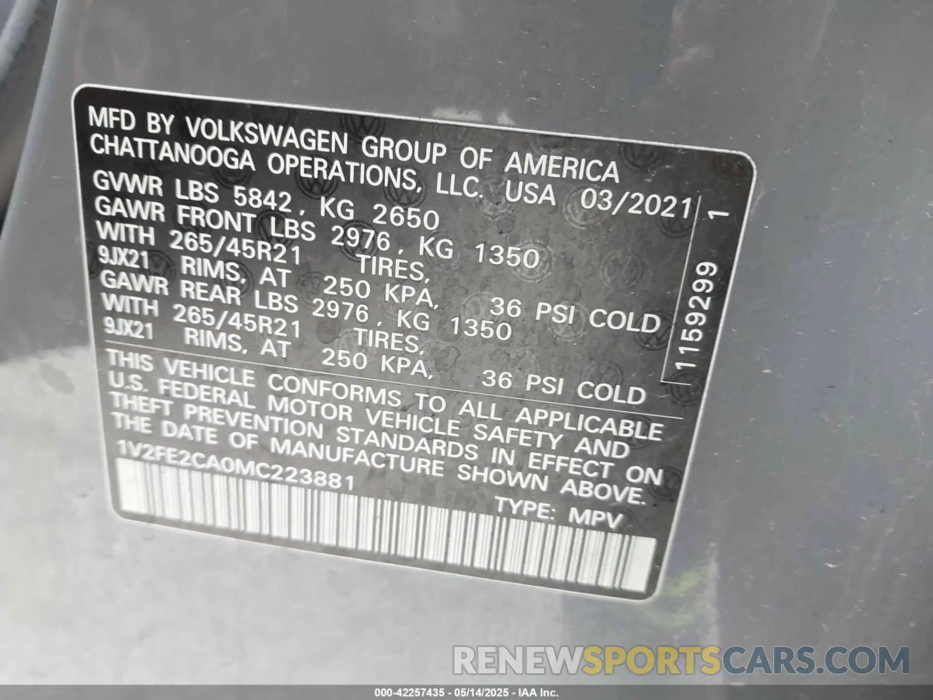 9 fotografías del automóvil dañado 1V2FE2CA0MC223881 VOLKSWAGEN ATLAS CROSS SPORT 2021