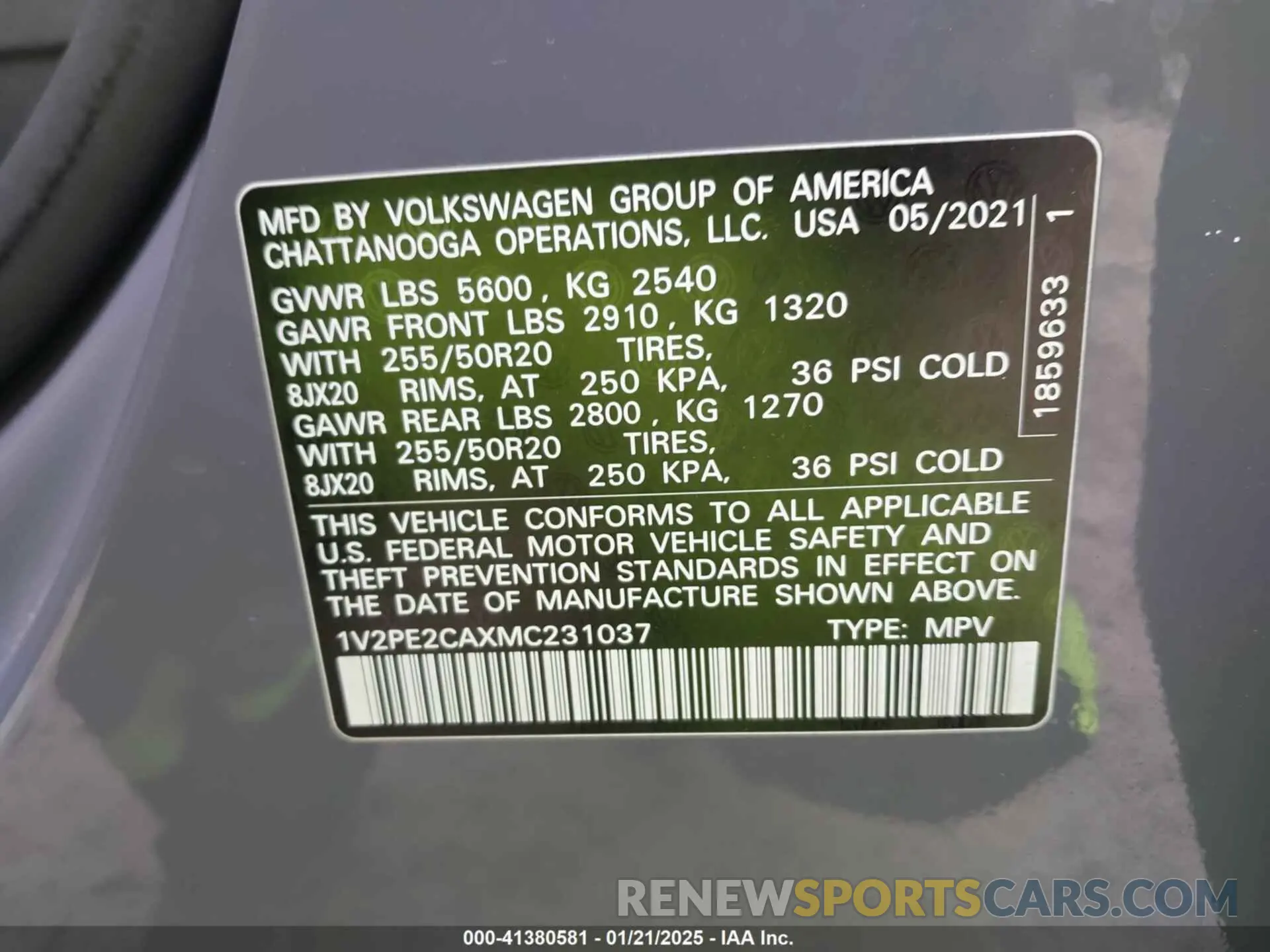 9 fotografías del automóvil dañado 1V2PE2CAXMC231037 VOLKSWAGEN ATLAS CROSS SPORT 2021