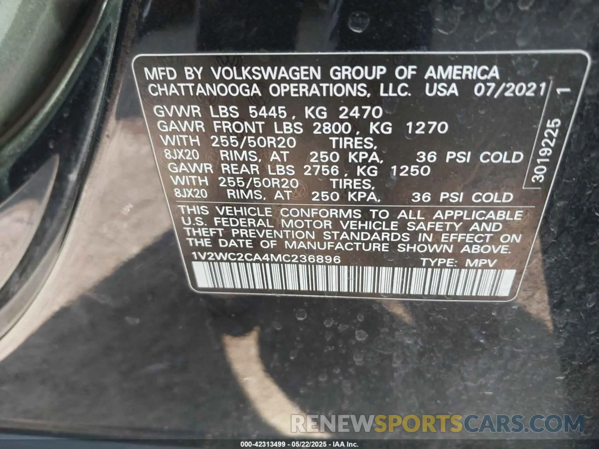 9 fotografías del automóvil dañado 1V2WC2CA4MC236896 VOLKSWAGEN ATLAS CROSS SPORT 2021