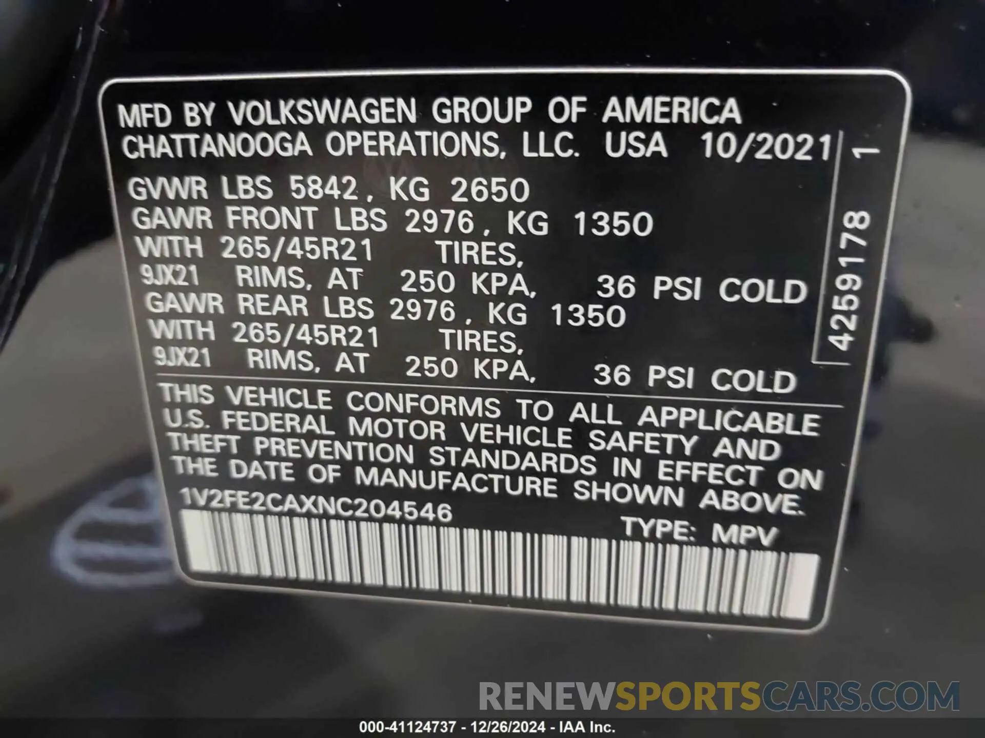 9 fotografías del automóvil dañado 1V2FE2CAXNC204546 VOLKSWAGEN ATLAS CROSS SPORT 2022