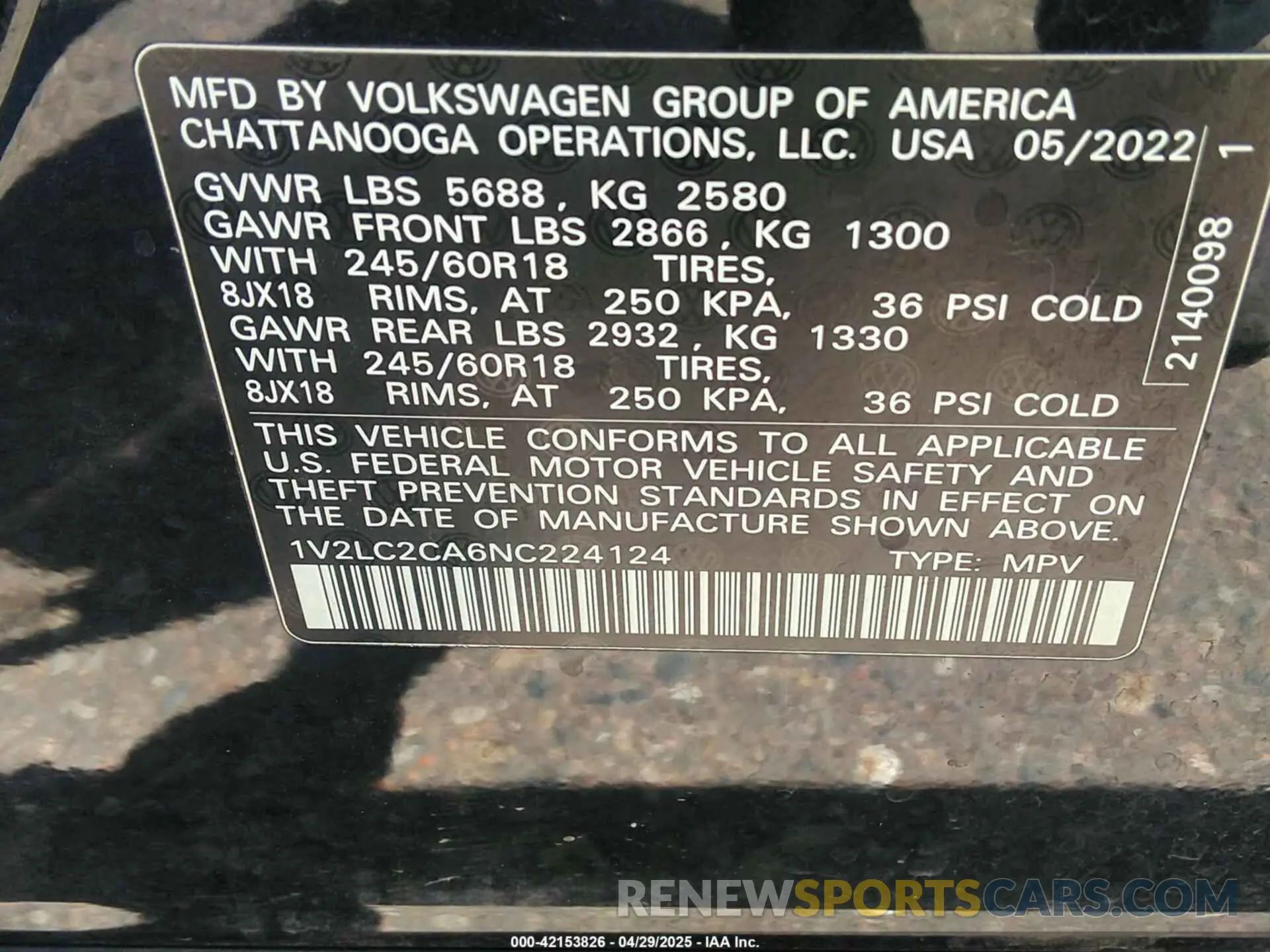 9 fotografías del automóvil dañado 1V2LC2CA6NC224124 VOLKSWAGEN ATLAS CROSS SPORT 2022