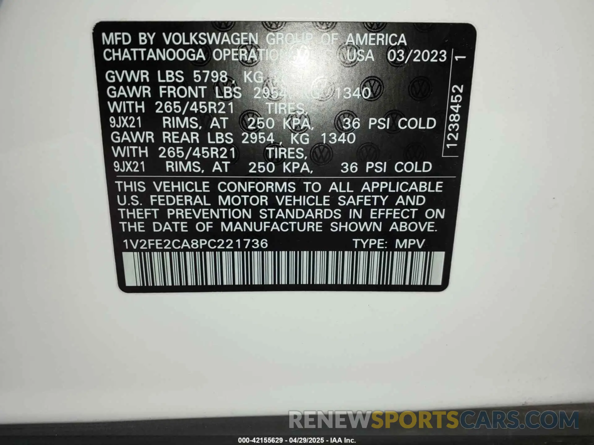 9 fotografías del automóvil dañado 1V2FE2CA8PC221736 VOLKSWAGEN ATLAS CROSS SPORT 2023