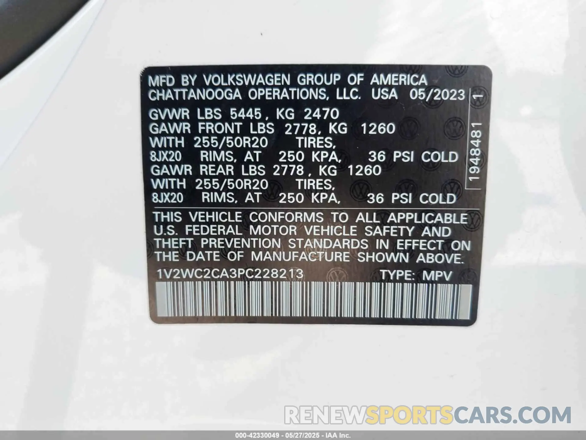 9 fotografías del automóvil dañado 1V2WC2CA3PC228213 VOLKSWAGEN ATLAS CROSS SPORT 2023
