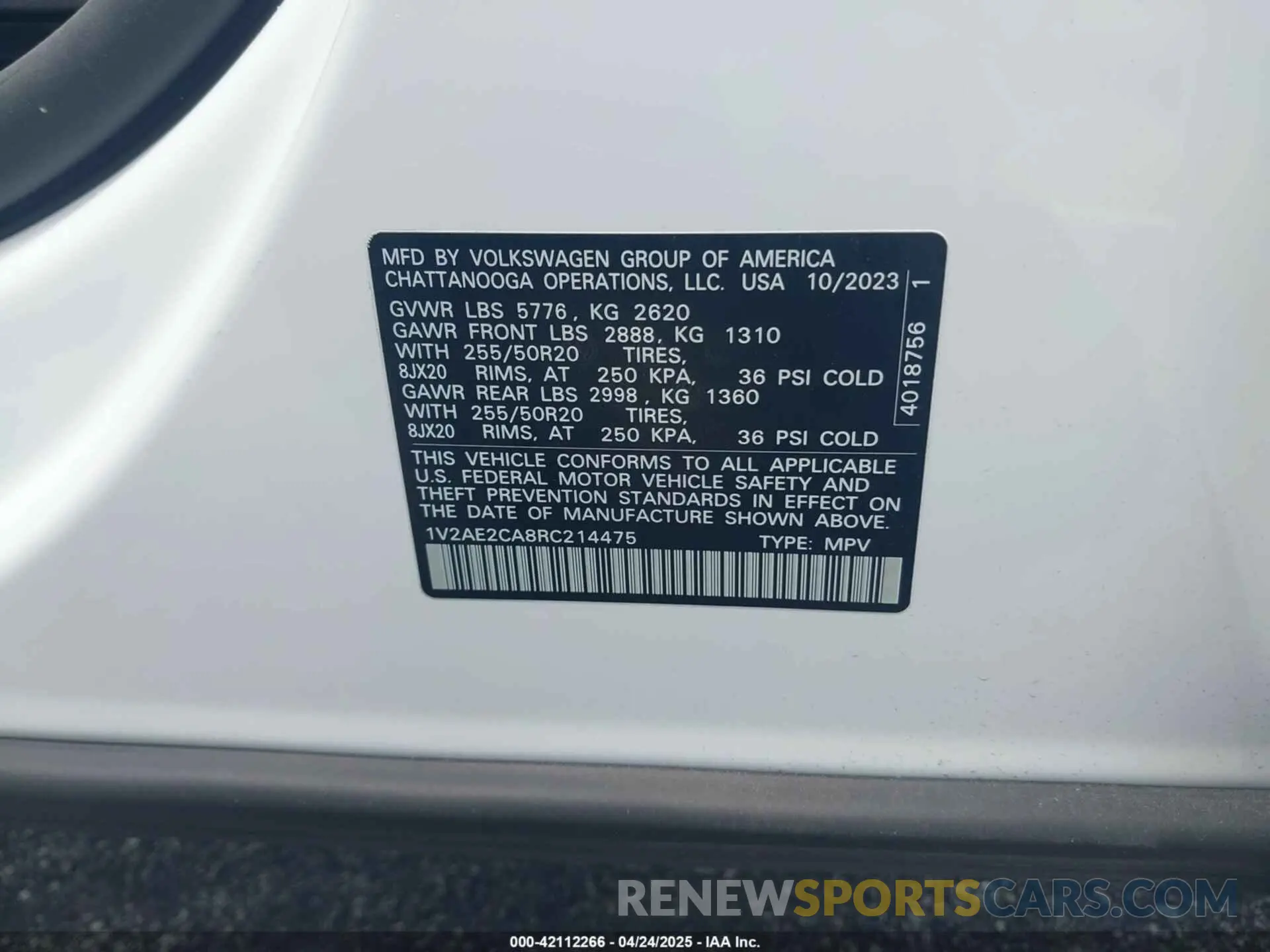 9 fotografías del automóvil dañado 1V2AE2CA8RC214475 VOLKSWAGEN ATLAS CROSS SPORT 2024