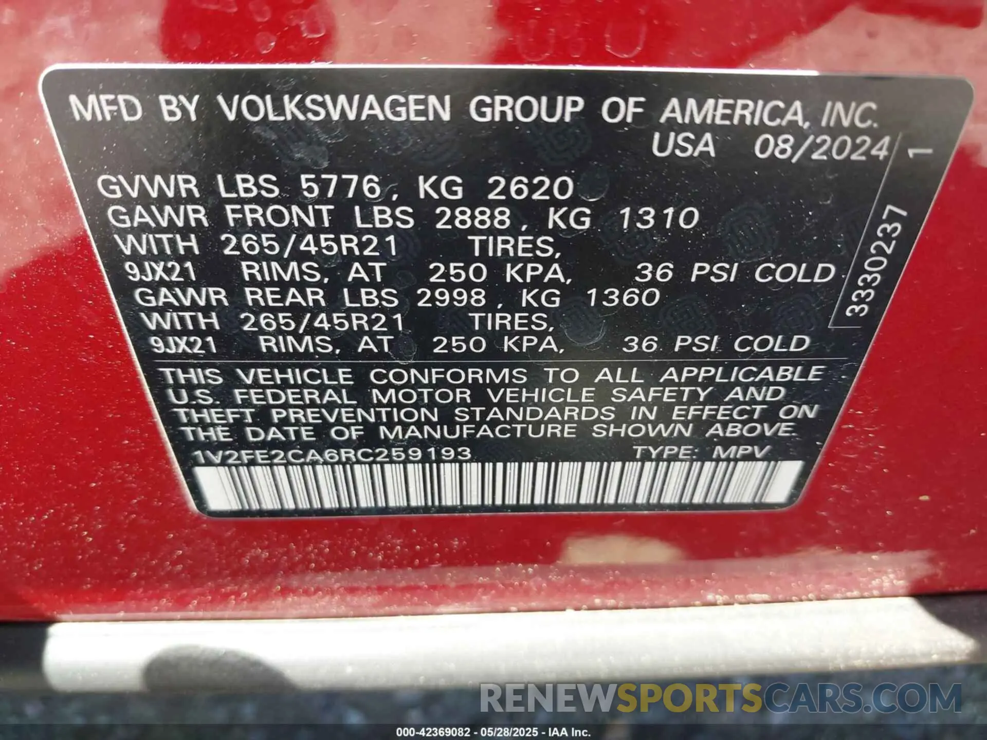 9 fotografías del automóvil dañado 1V2FE2CA6RC259193 VOLKSWAGEN ATLAS CROSS SPORT 2024