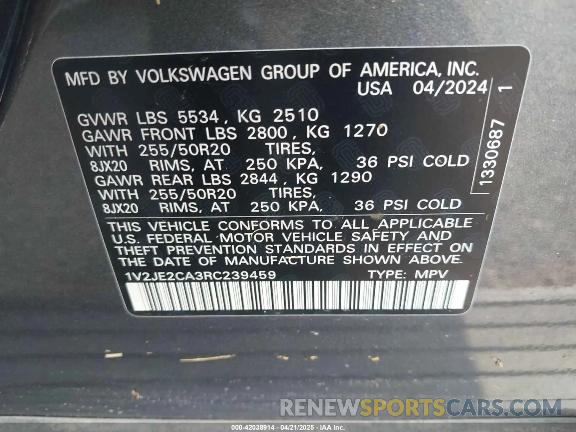 9 fotografías del automóvil dañado 1V2JE2CA3RC239459 VOLKSWAGEN ATLAS CROSS SPORT 2024
