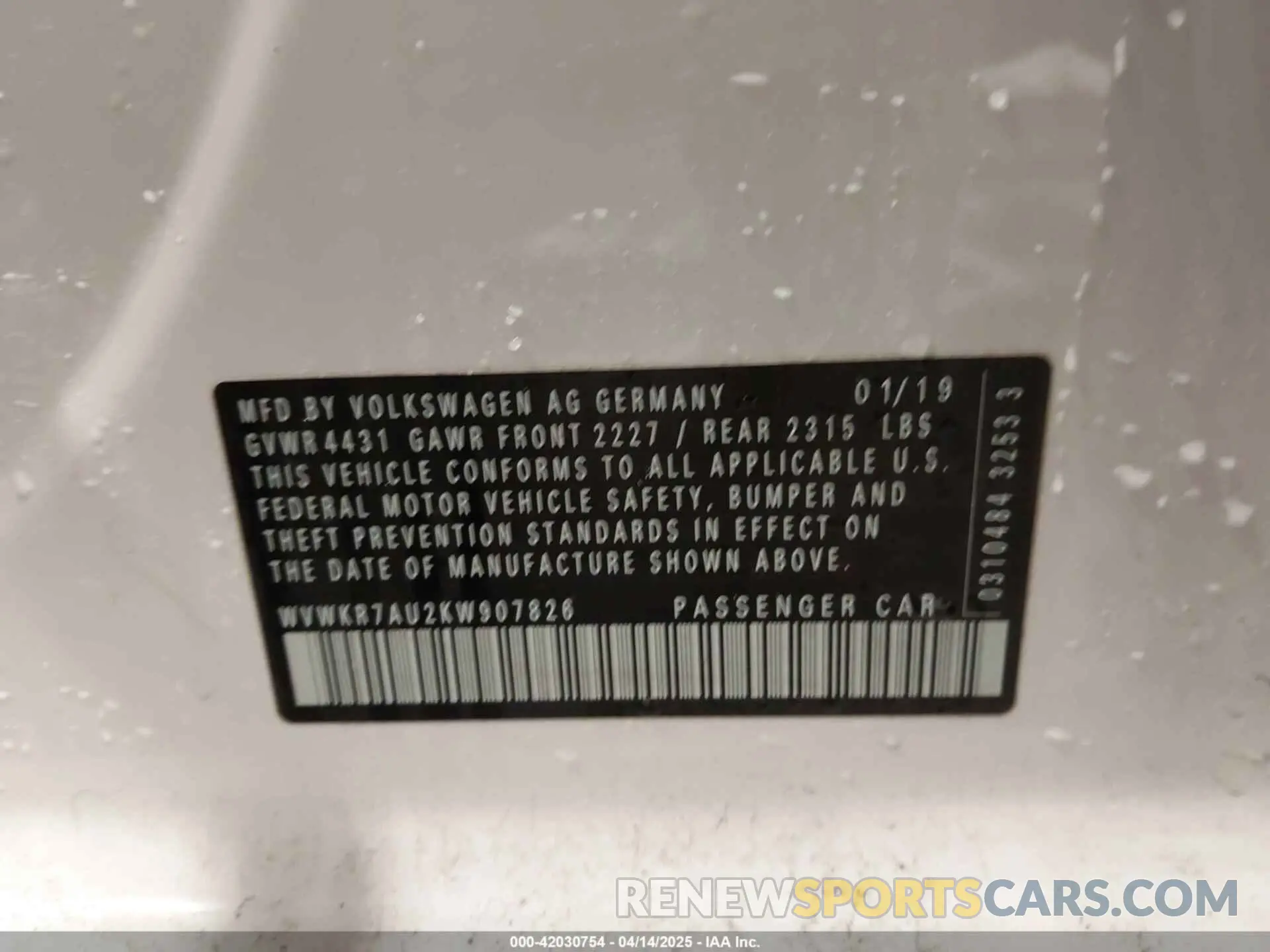 9 fotografías del automóvil dañado WVWKR7AU2KW907826 VOLKSWAGEN E-GOLF 2019