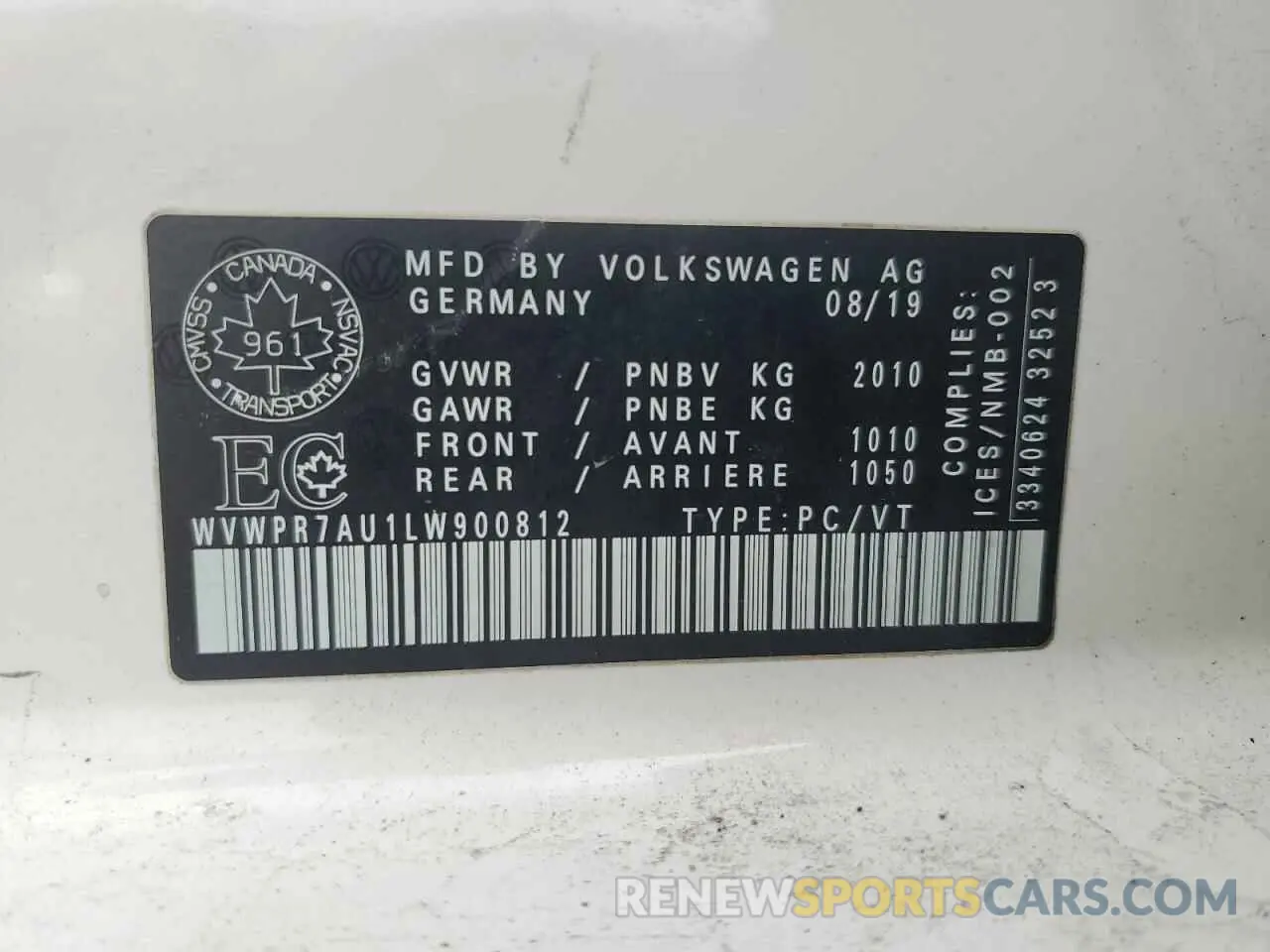 12 fotografías del automóvil dañado WVWPR7AU1LW900812 VOLKSWAGEN E-GOLF COM 2020