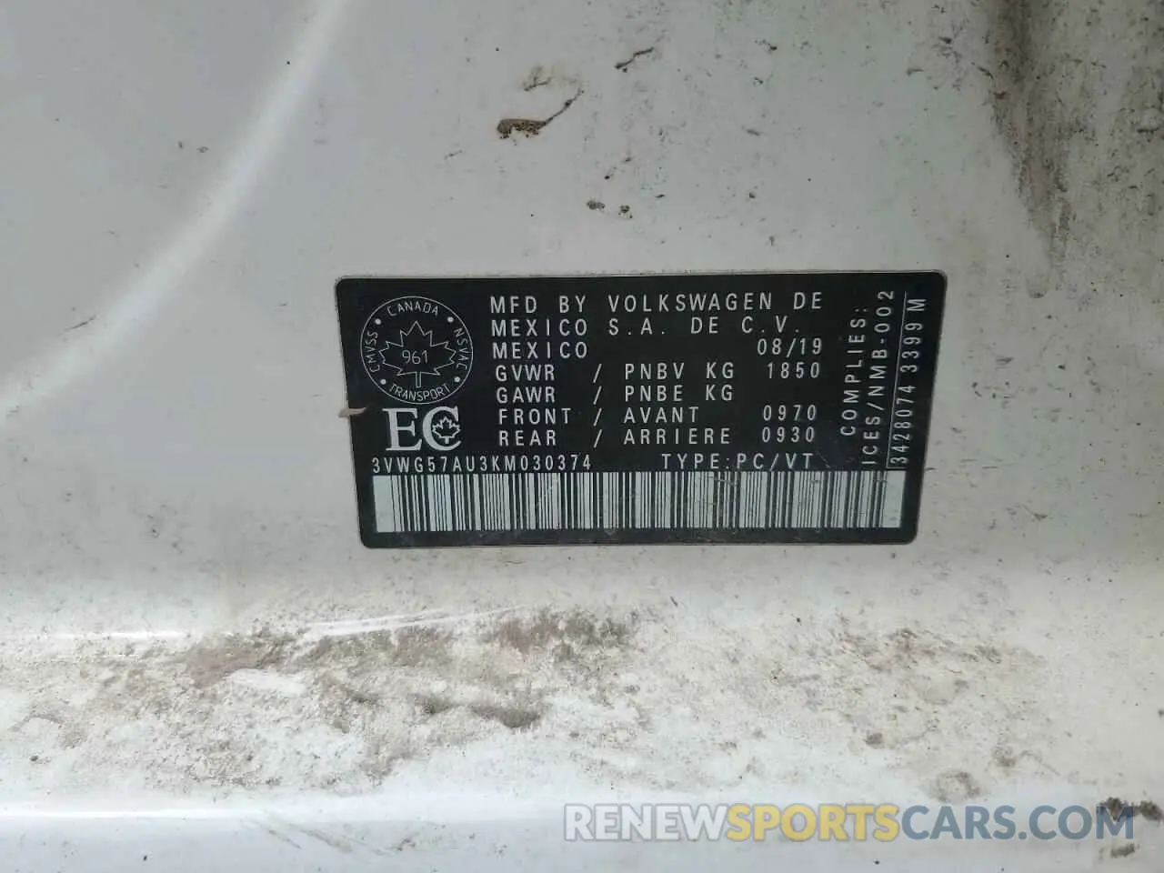 13 fotografías del automóvil dañado 3VWG57AU3KM030374 VOLKSWAGEN GOLF 2019