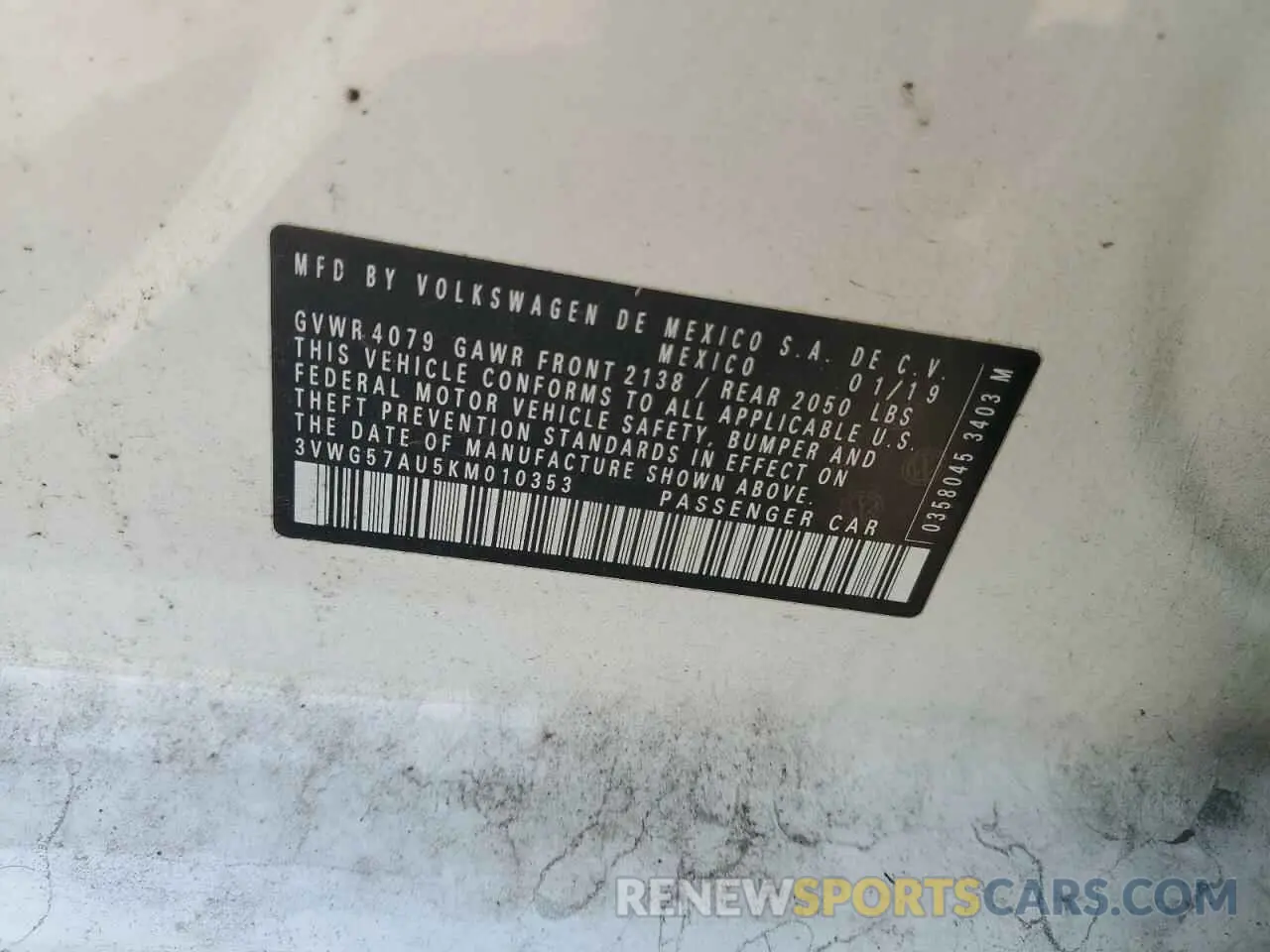 12 fotografías del automóvil dañado 3VWG57AU5KM010353 VOLKSWAGEN GOLF 2019
