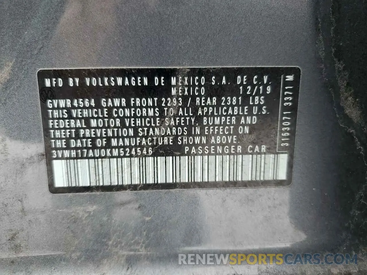12 fotografías del automóvil dañado 3VWH17AU0KM524546 VOLKSWAGEN GOLF 2019