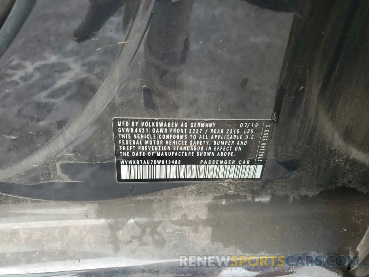 12 fotografías del automóvil dañado WVWKR7AU7KW919468 VOLKSWAGEN GOLF 2019