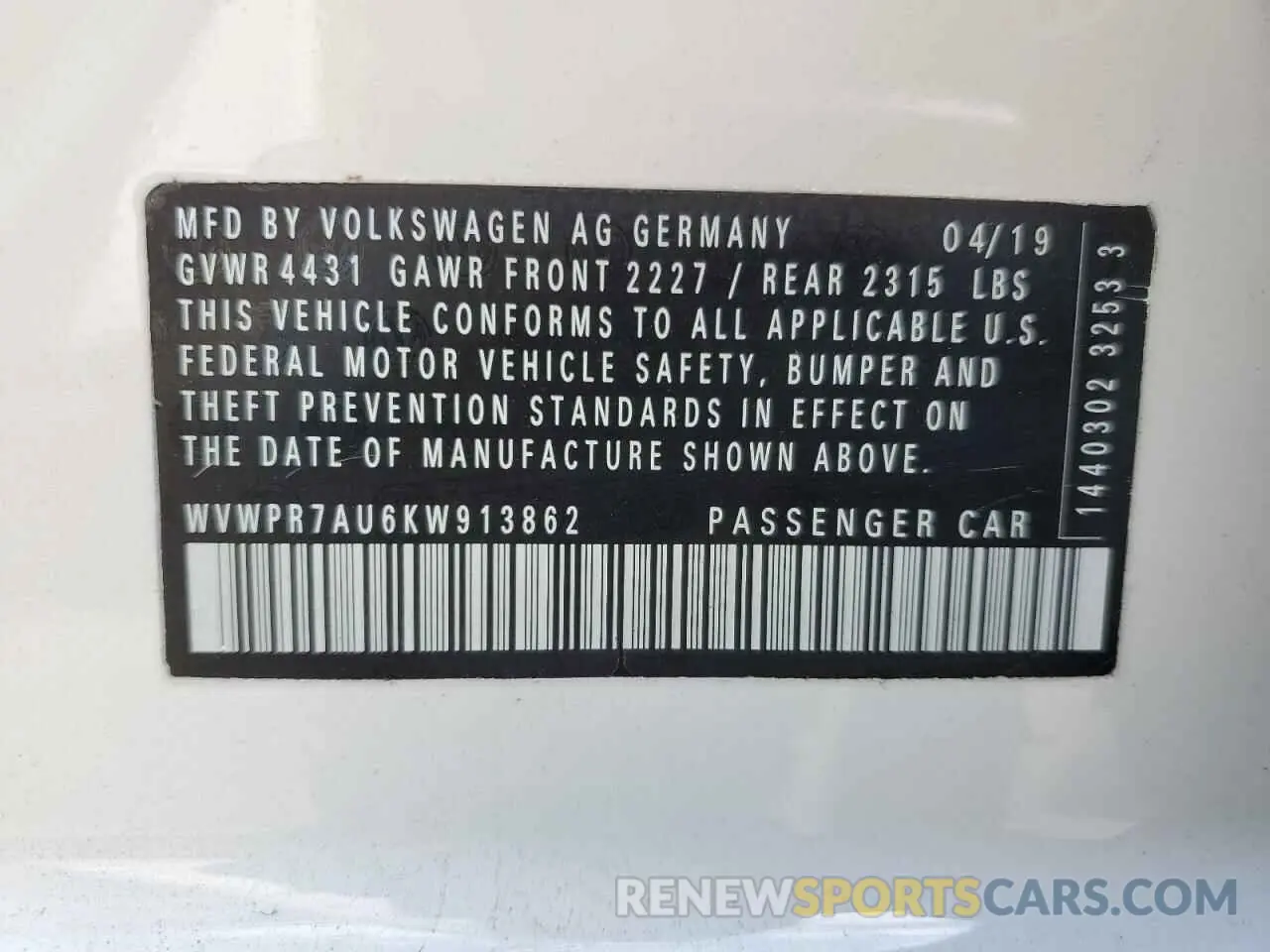 13 fotografías del automóvil dañado WVWPR7AU6KW913862 VOLKSWAGEN GOLF 2019