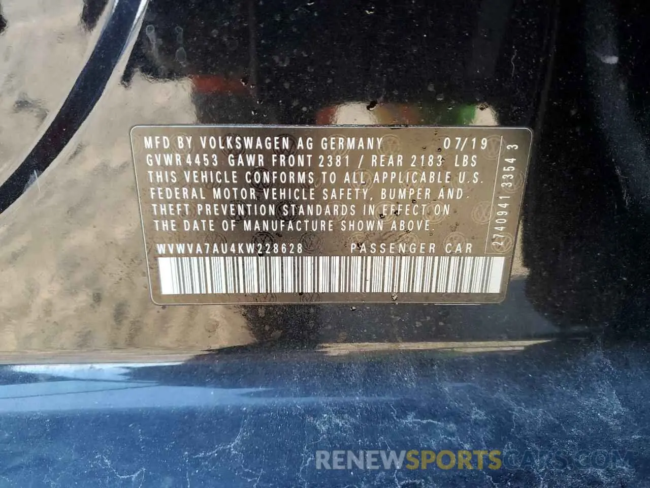 12 fotografías del automóvil dañado WVWVA7AU4KW228628 VOLKSWAGEN GOLF 2019