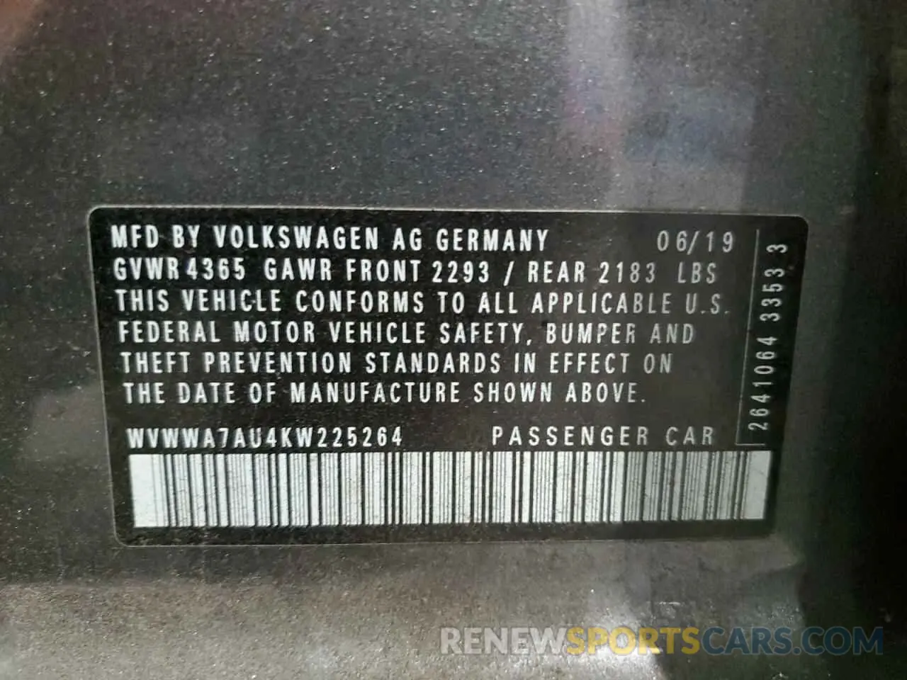 13 fotografías del automóvil dañado WVWWA7AU4KW225264 VOLKSWAGEN GOLF 2019