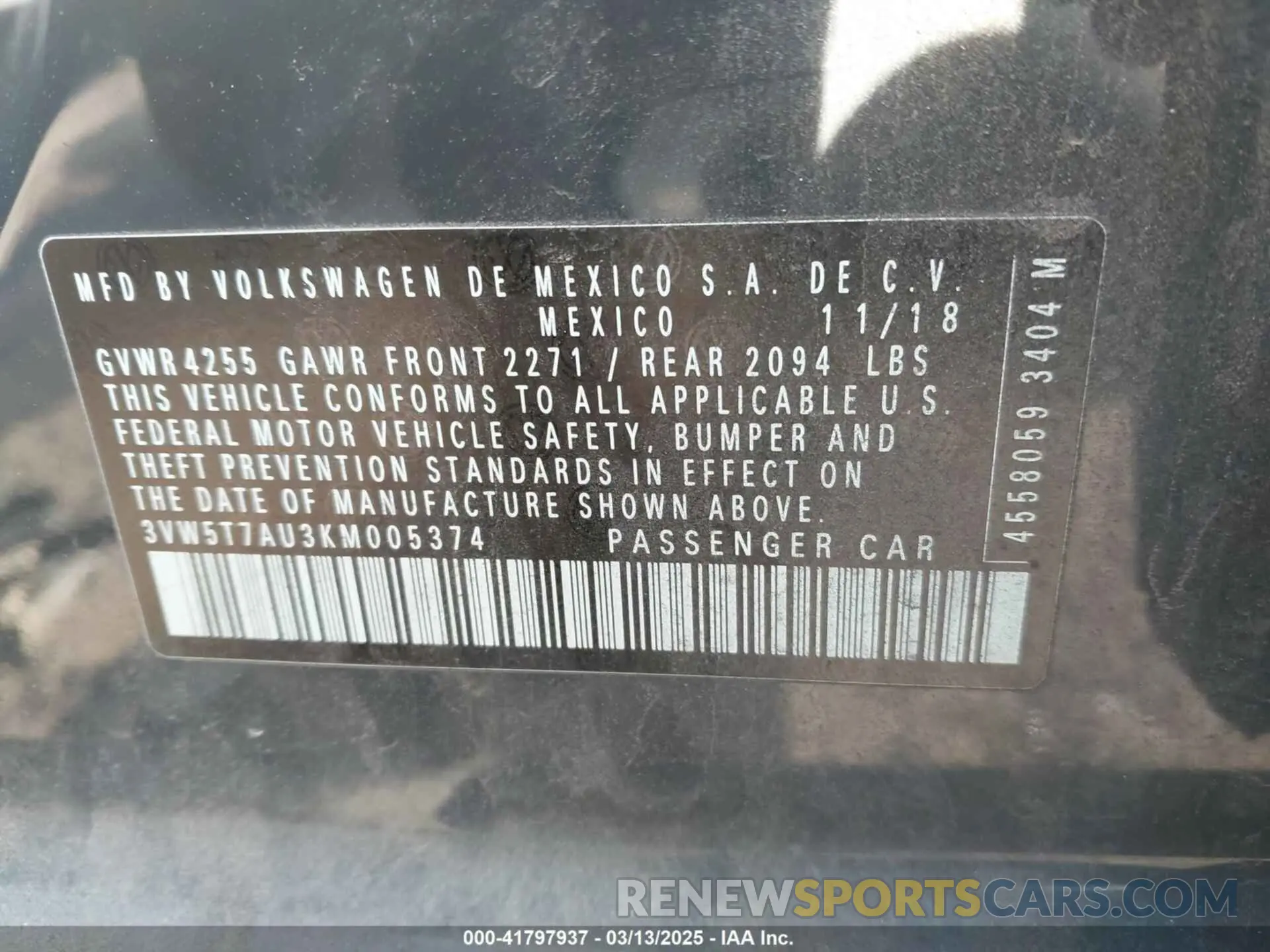 9 fotografías del automóvil dañado 3VW5T7AU3KM005374 VOLKSWAGEN GOLF GTI 2019