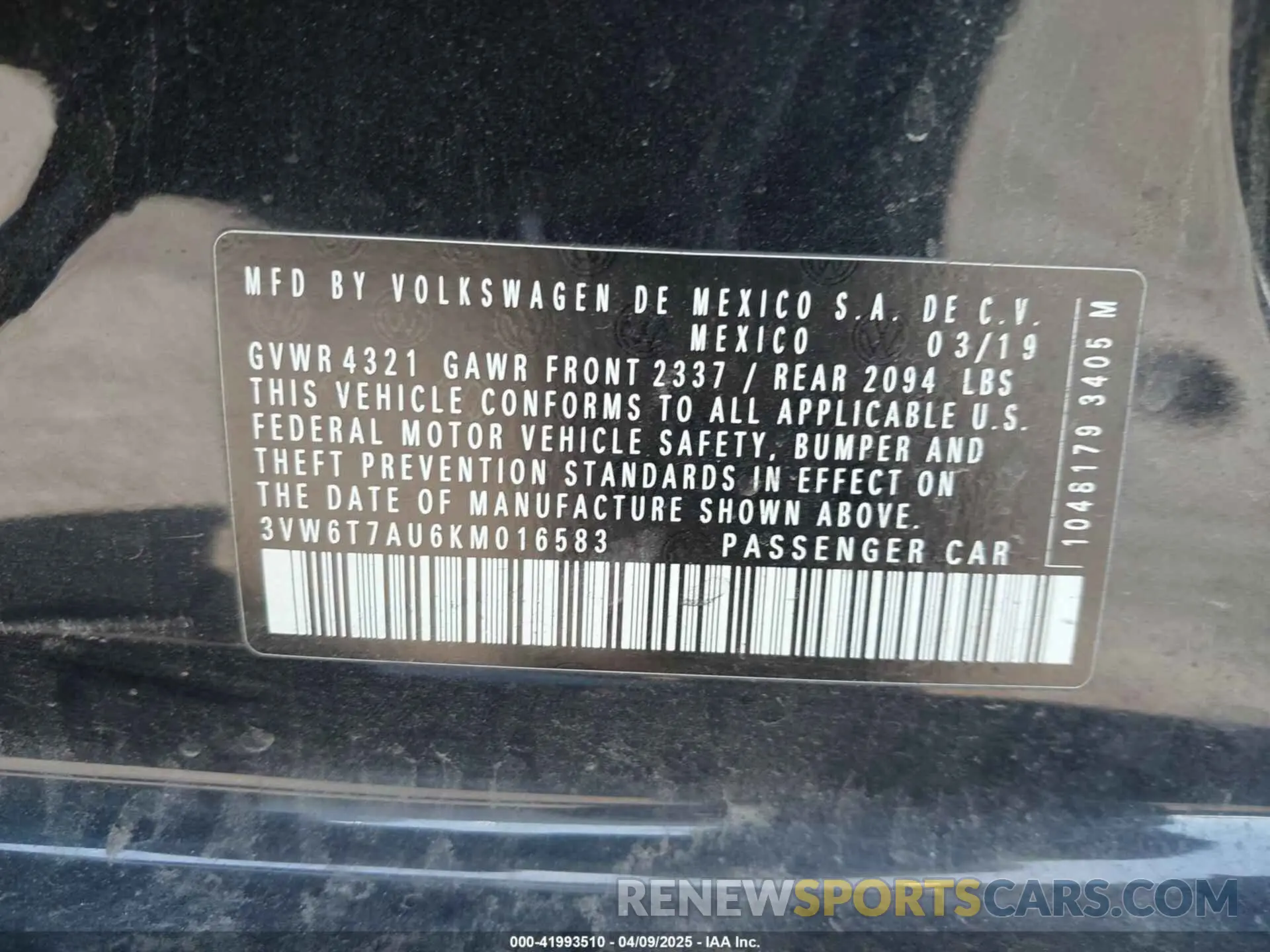 9 fotografías del automóvil dañado 3VW6T7AU6KM016583 VOLKSWAGEN GOLF GTI 2019