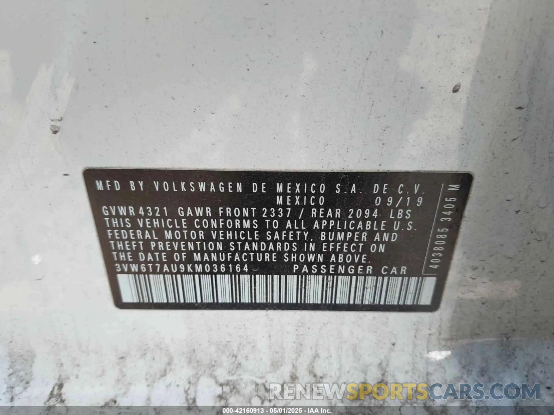 9 fotografías del automóvil dañado 3VW6T7AU9KM036164 VOLKSWAGEN GOLF GTI 2019