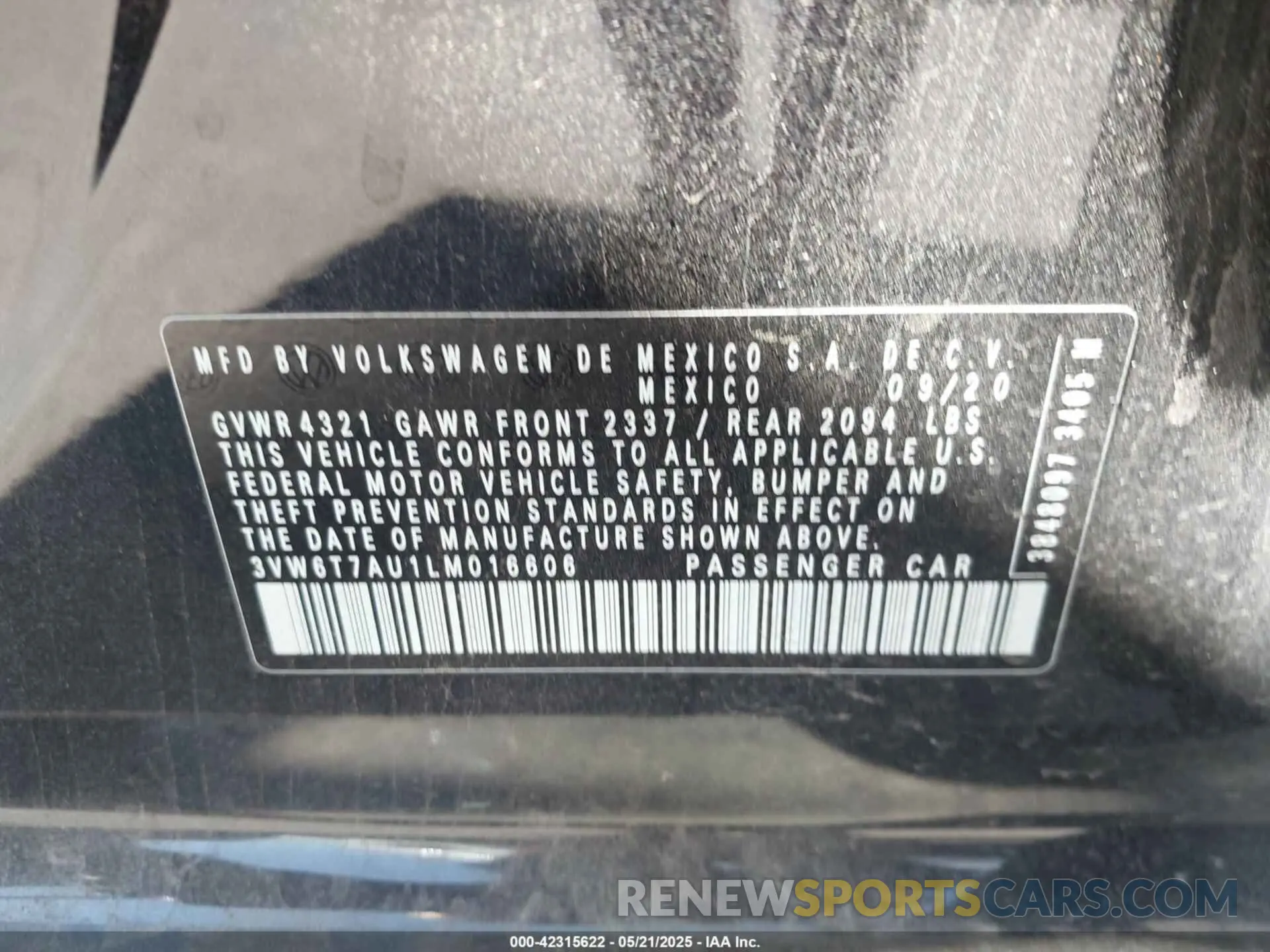 9 fotografías del automóvil dañado 3VW6T7AU1LM016606 VOLKSWAGEN GOLF GTI 2020