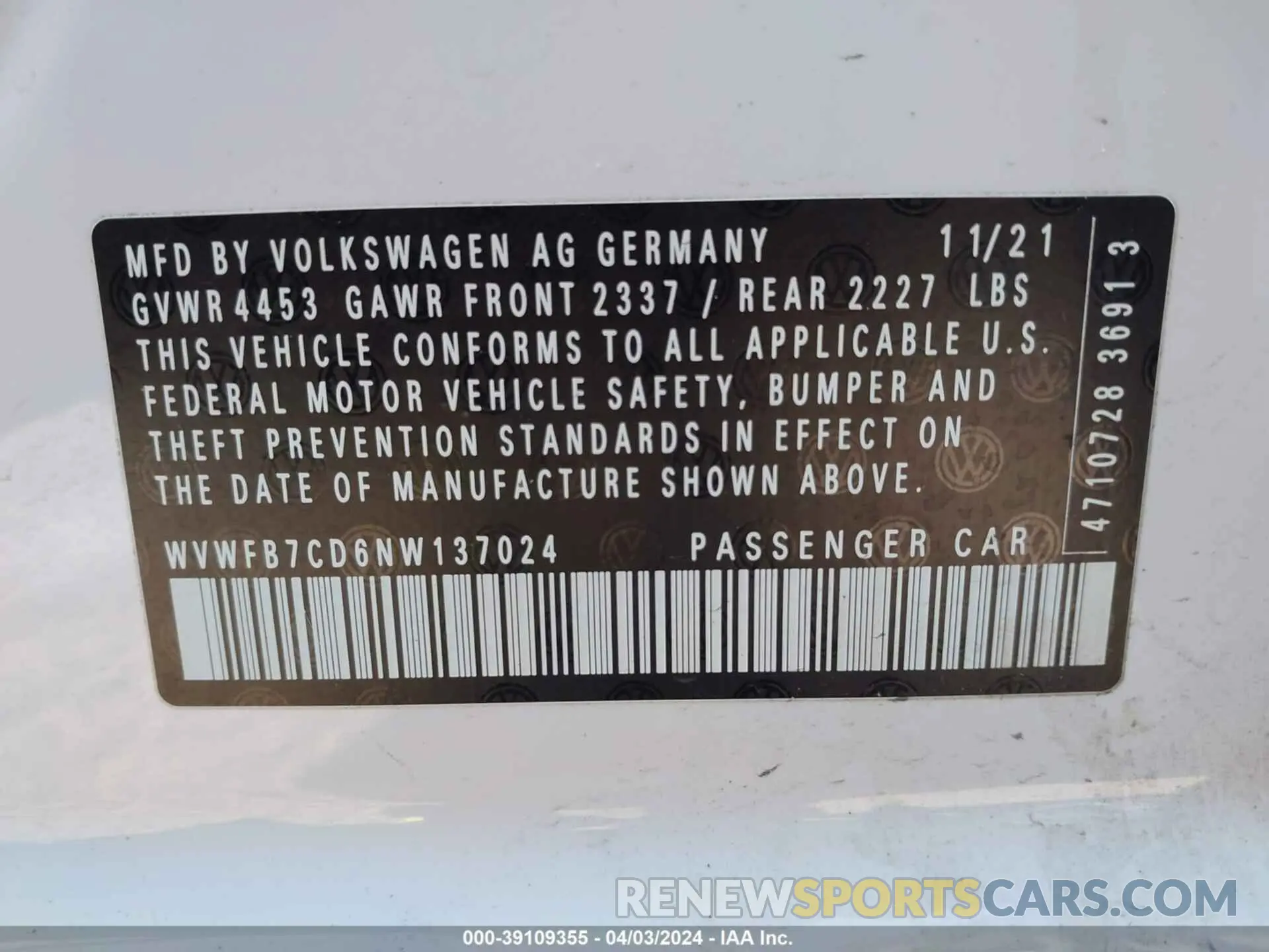 9 fotografías del automóvil dañado WVWFB7CD6NW137024 VOLKSWAGEN GOLF R 2022