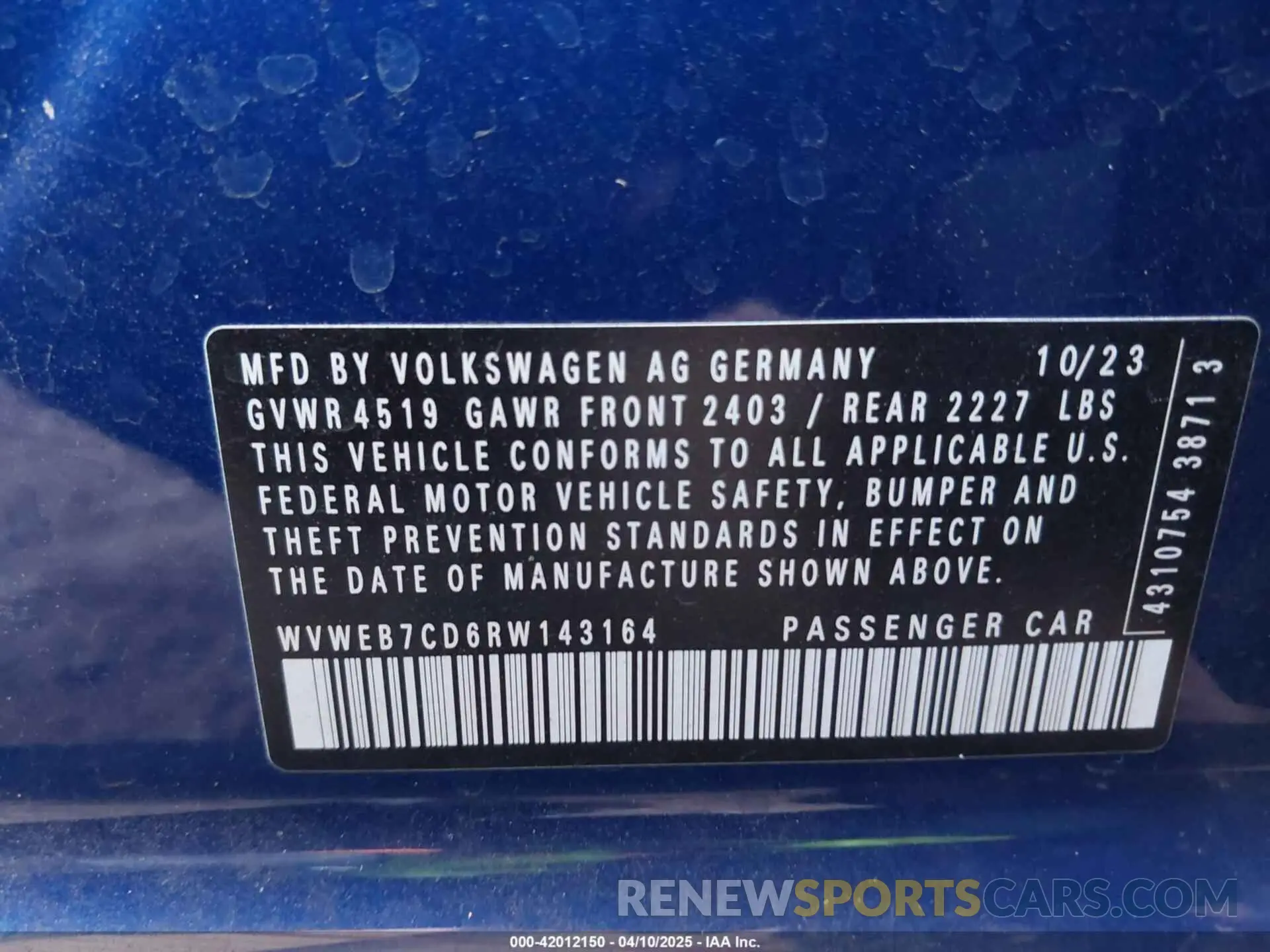 9 fotografías del automóvil dañado WVWEB7CD6RW143164 VOLKSWAGEN GOLF R 2024