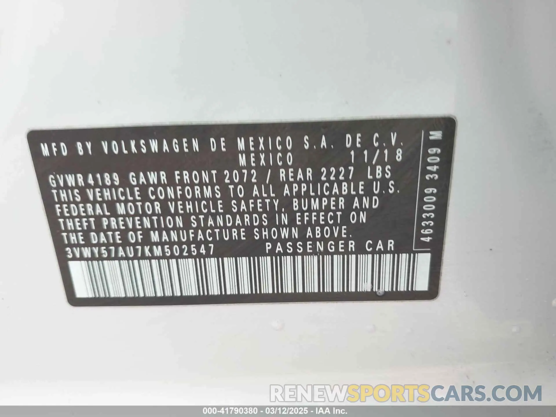 9 fotografías del automóvil dañado 3VWY57AU7KM502547 VOLKSWAGEN GOLF SPORTWAGEN 2019