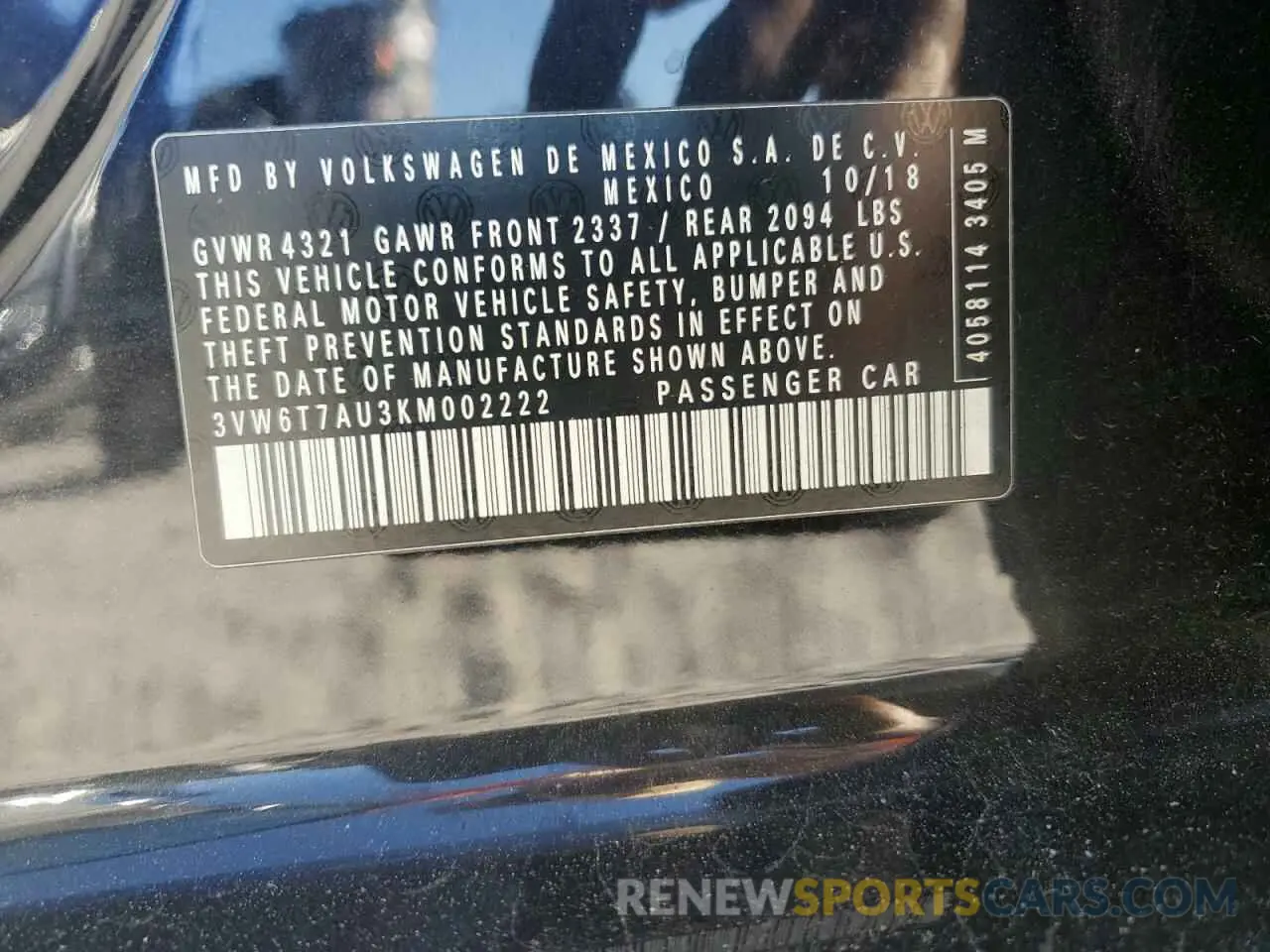 15 fotografías del automóvil dañado 3VW6T7AU3KM002222 VOLKSWAGEN GTI 2019