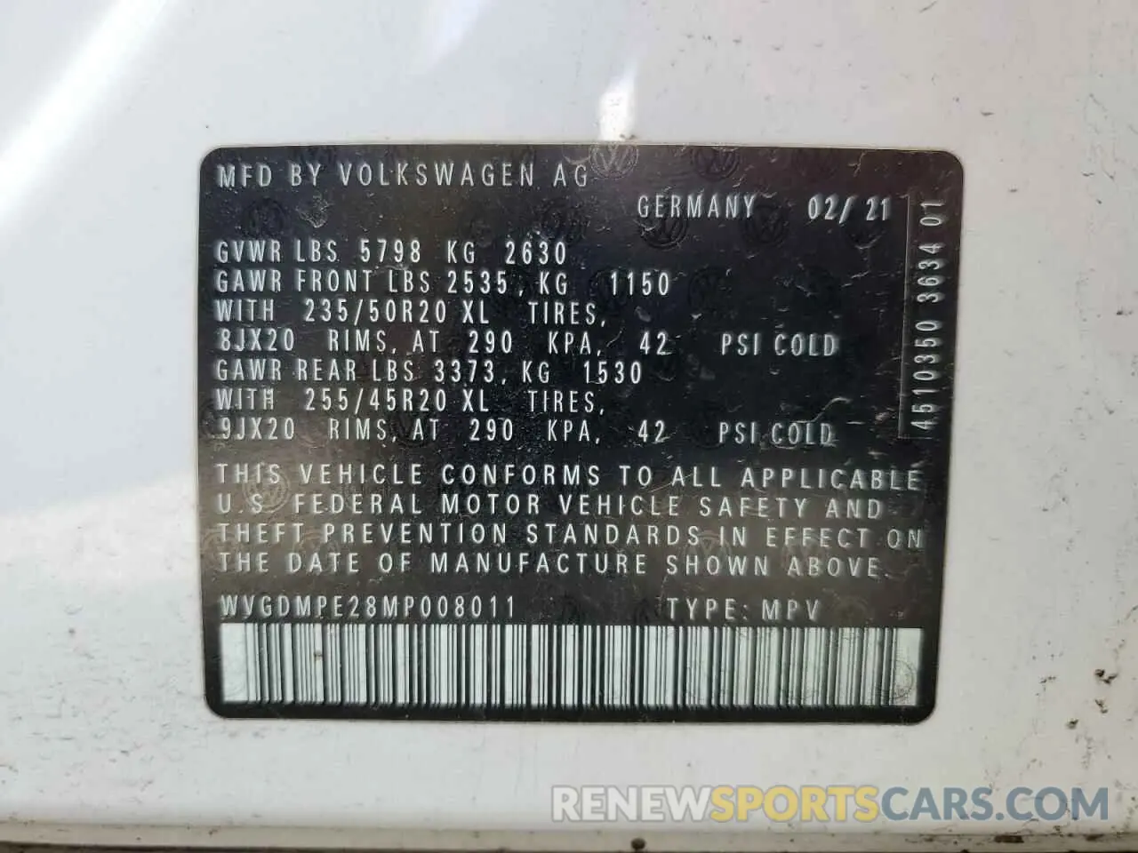 16 fotografías del automóvil dañado WVGDMPE28MP008011 VOLKSWAGEN ID.4 FIRST 2021