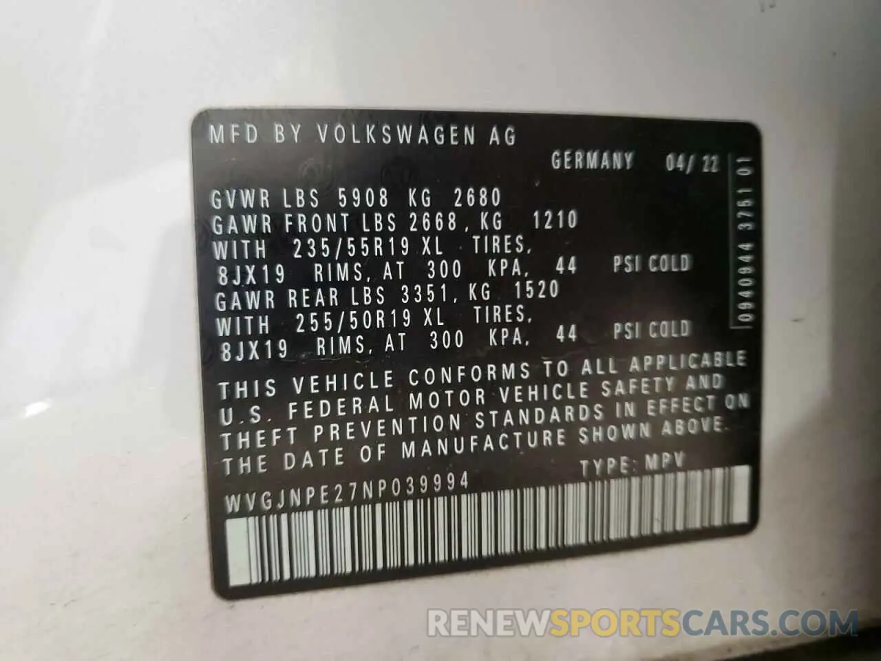 16 fotografías del automóvil dañado WVGJNPE27NP039994 VOLKSWAGEN ID.4 PRO 2022