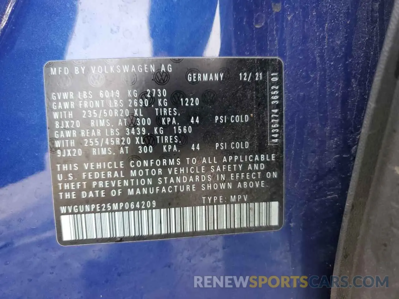 13 fotografías del automóvil dañado WVGUNPE25MP064209 VOLKSWAGEN ID.4 PRO S 2021